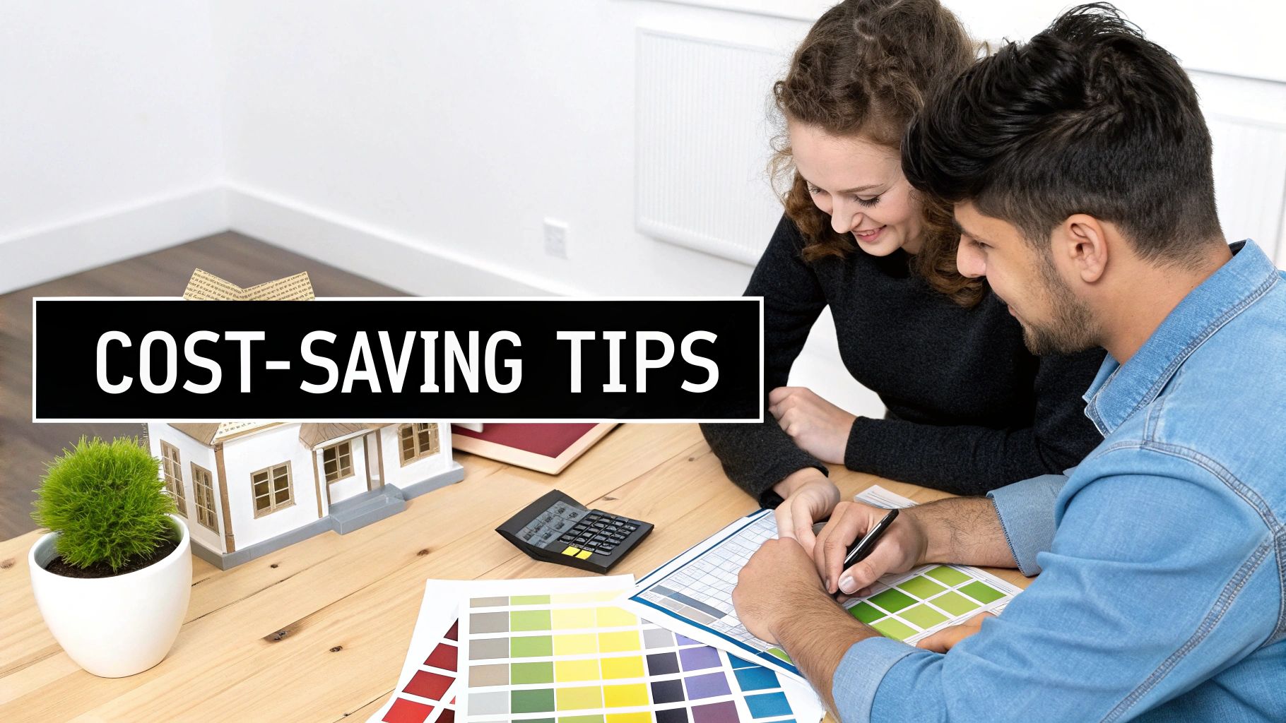 A bright kitchen with white cabinets, dark countertops, and a person painting a wall, illustrating DIY cost-saving measures.