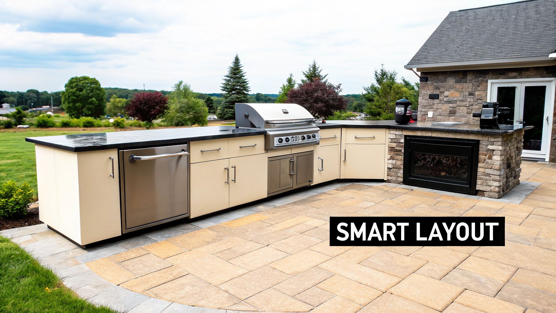 Sleek stainless steel outdoor kitchen cabinets with built-in grill and appliances.