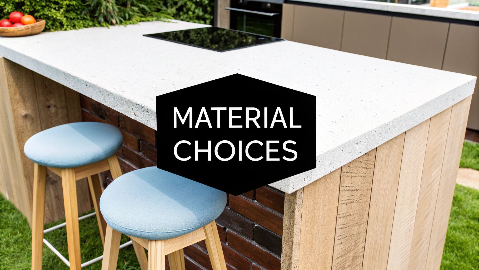 Modern outdoor kitchen island featuring a white speckled countertop, wooden base, and two light blue stools.