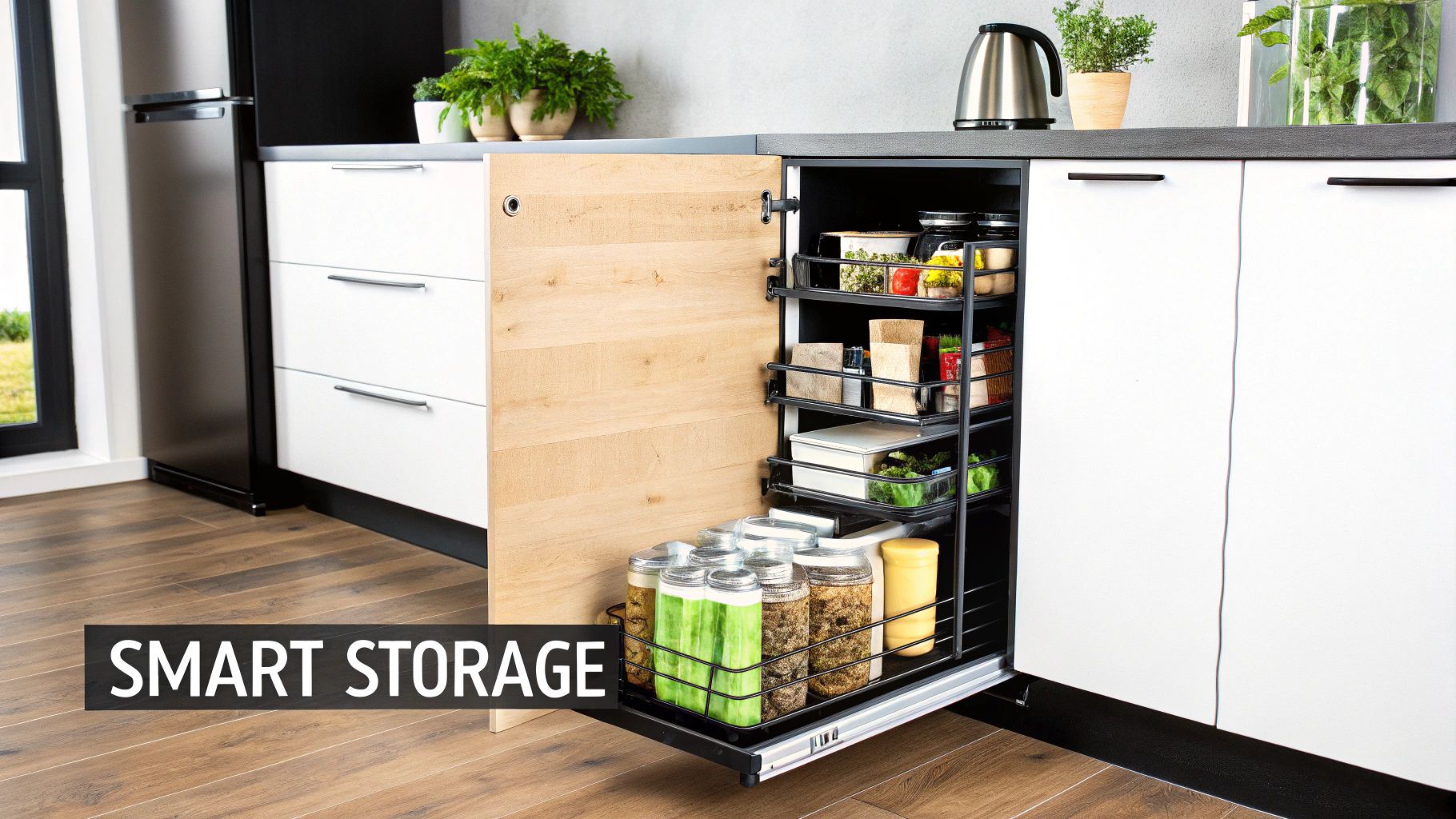 Modern kitchen with an open light wood cabinet revealing a multi-tier pull-out pantry full of food items.