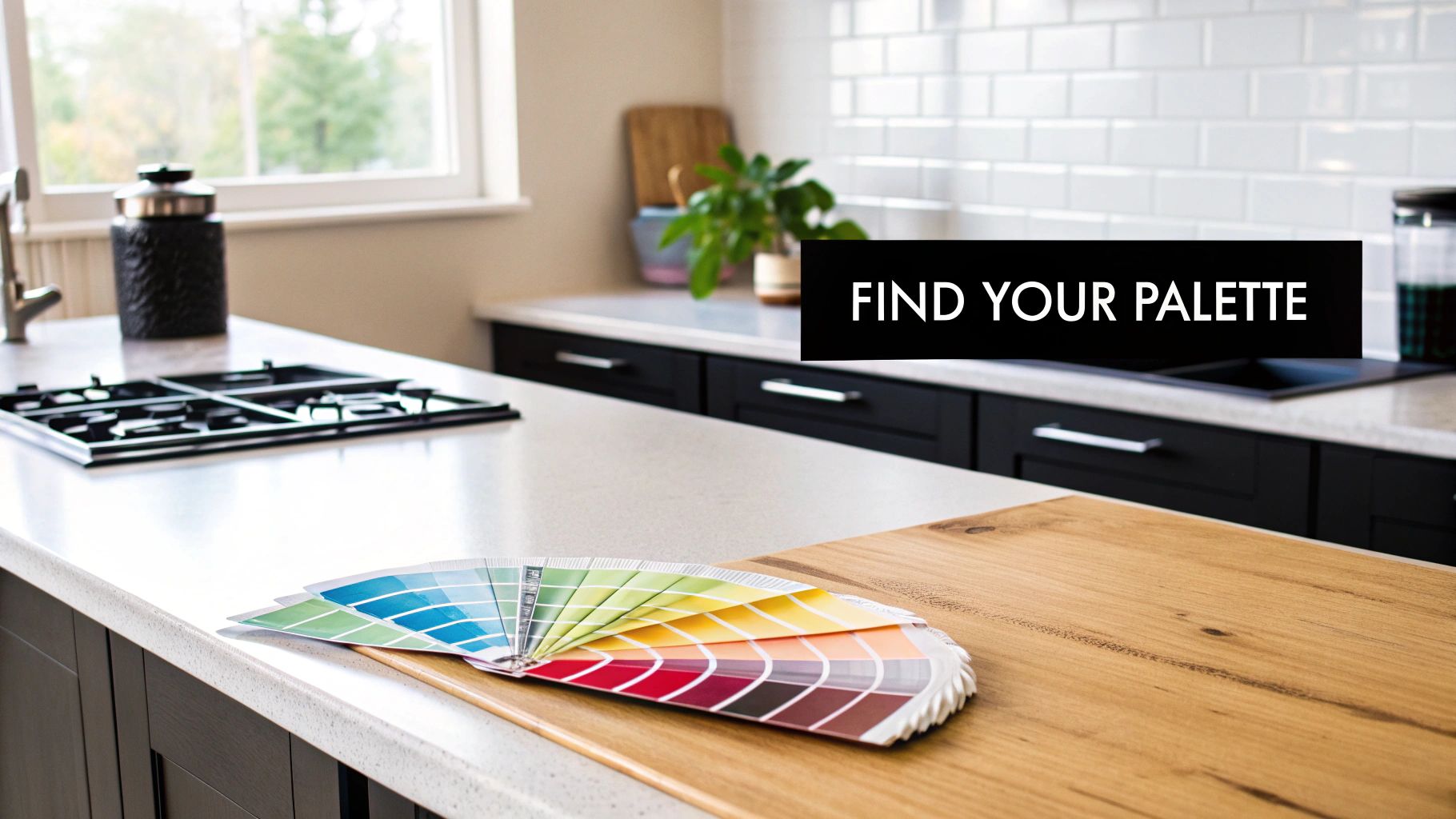 A color palette fan on a kitchen island, assisting with paint color choices for renovation.