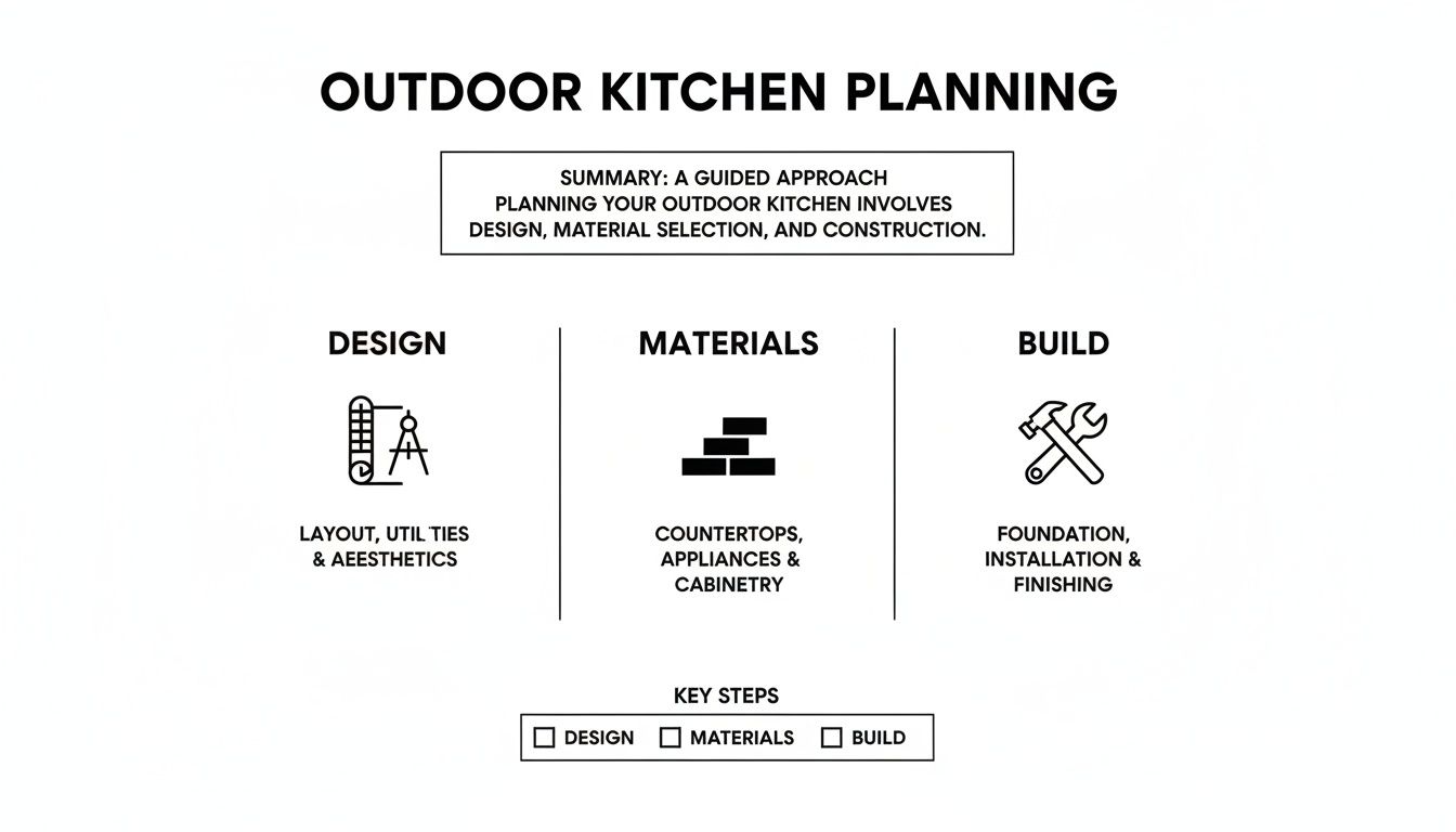 Detailed guide to outdoor kitchen planning, outlining design, material selection, and construction phases.