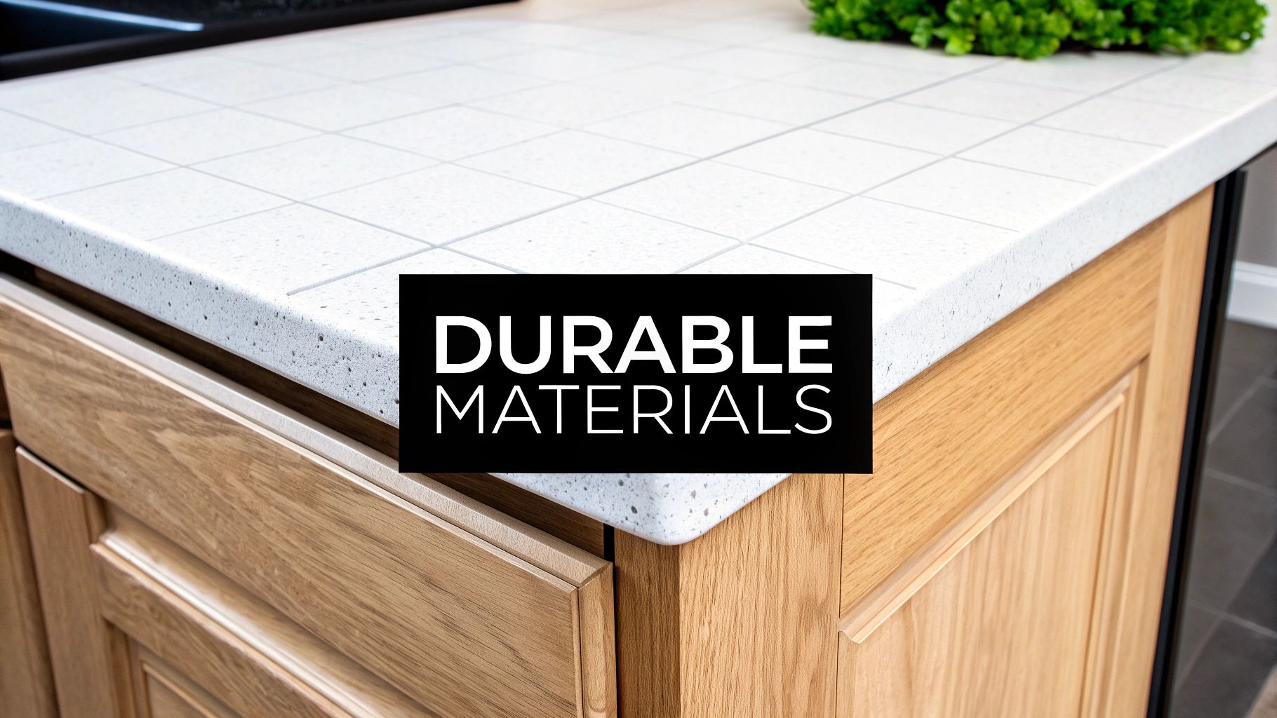 Close-up of a modern kitchen with a durable white speckled countertop and natural wooden cabinets.