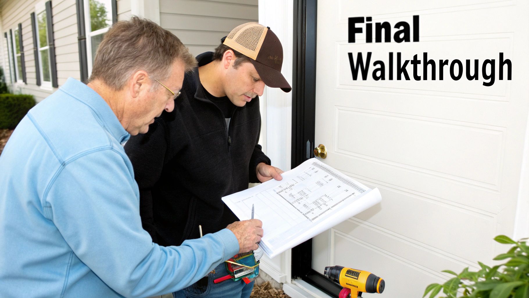 Two men, possibly contractors, conduct a final walkthrough, examining blueprints outside a house.