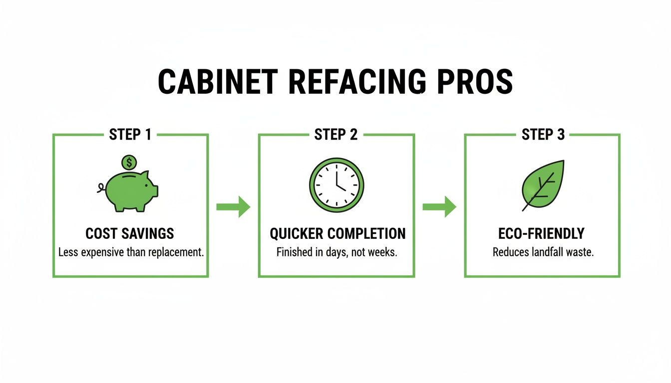 Infographic detailing the advantages of cabinet refacing, including cost savings, quicker completion, and being eco-friendly.