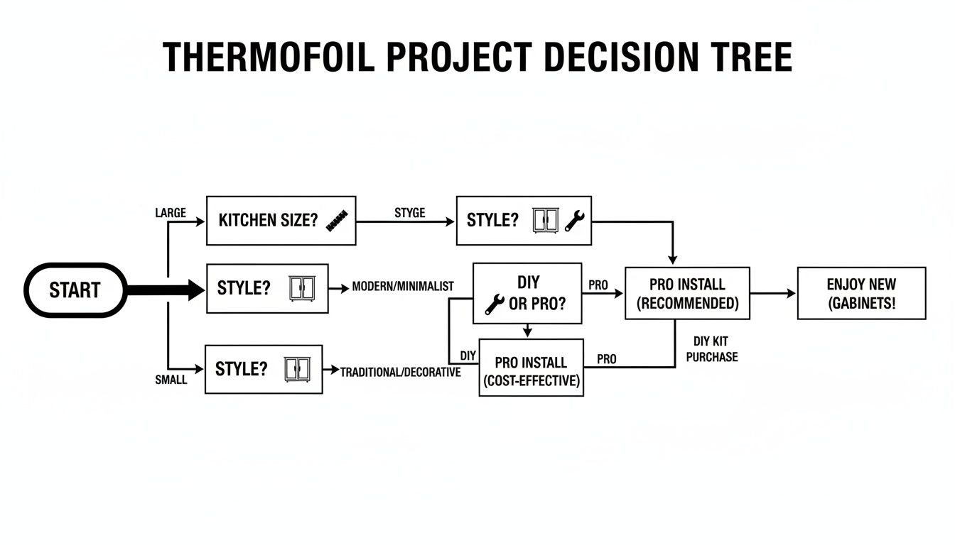 A thermofoil project decision tree flowchart guiding users through kitchen size, style, and installation choices.