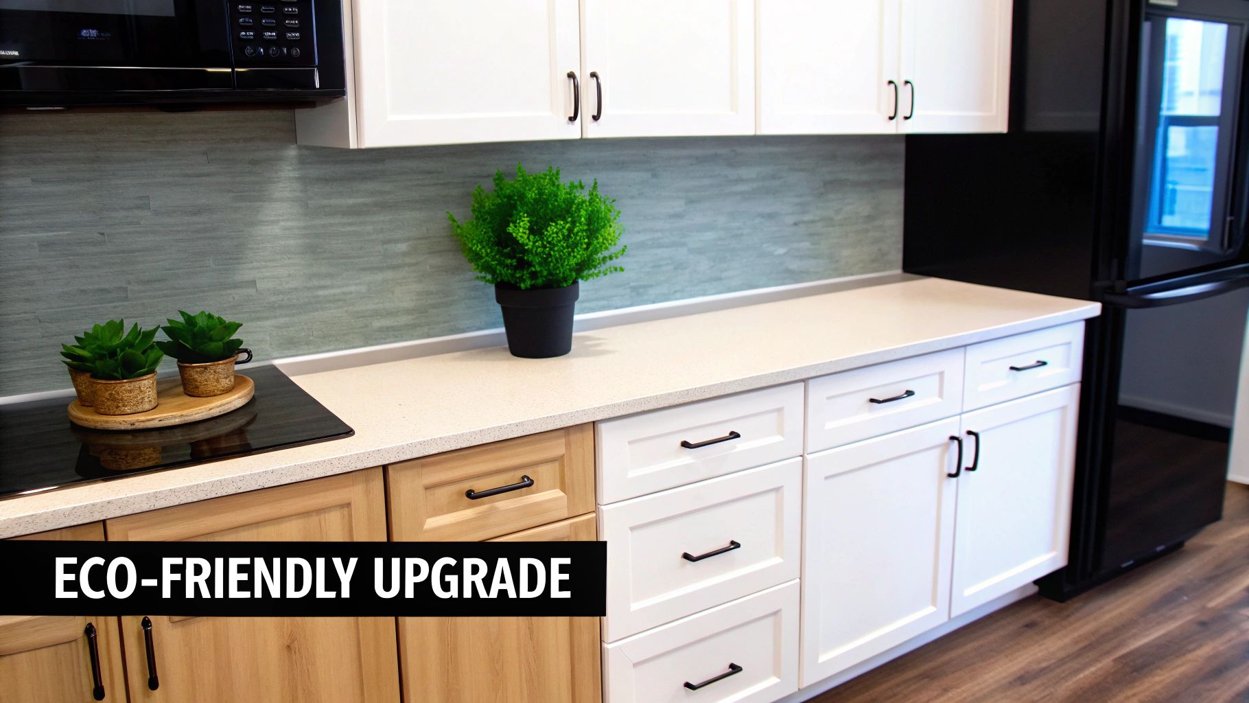 A renovated kitchen with white and wood cabinets, light countertops, green backsplash, and black appliances.
