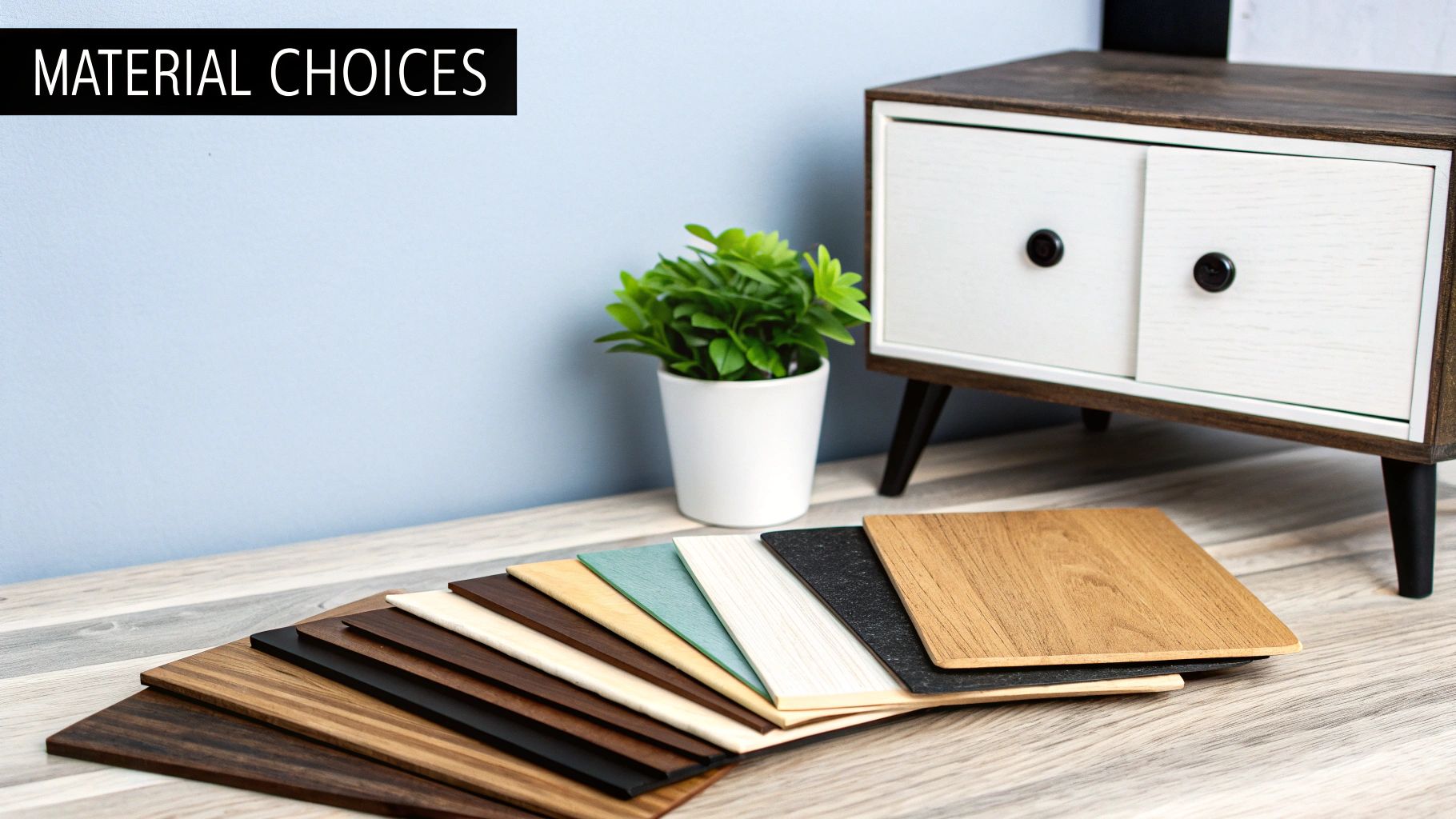 A selection of various material samples, including wood and colored options, laid out on a table.