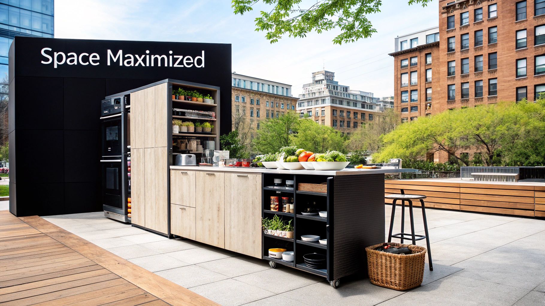 A bright, modern small condo kitchen with white cabinets, a light wood countertop, and stainless steel appliances, demonstrating smart use of space.