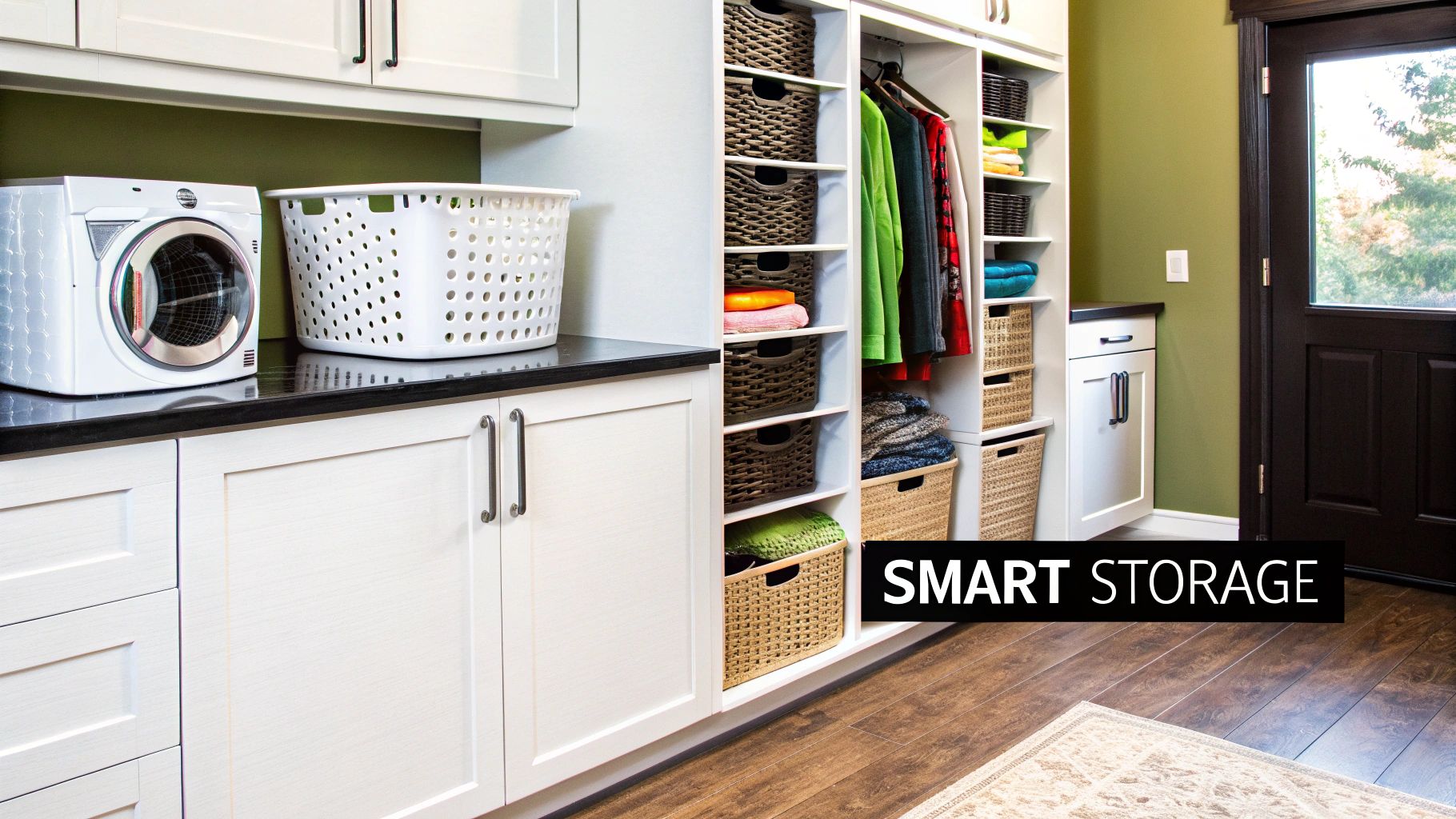 A well-organized laundry room with custom white cabinets and a dark countertop.