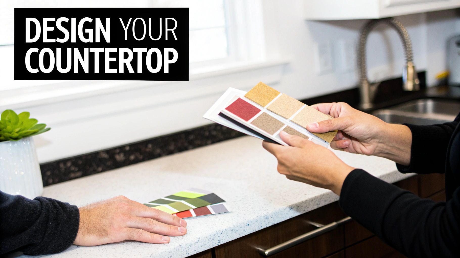 A kitchen with personalized countertops featuring unique edge profiles and a modern finish.
