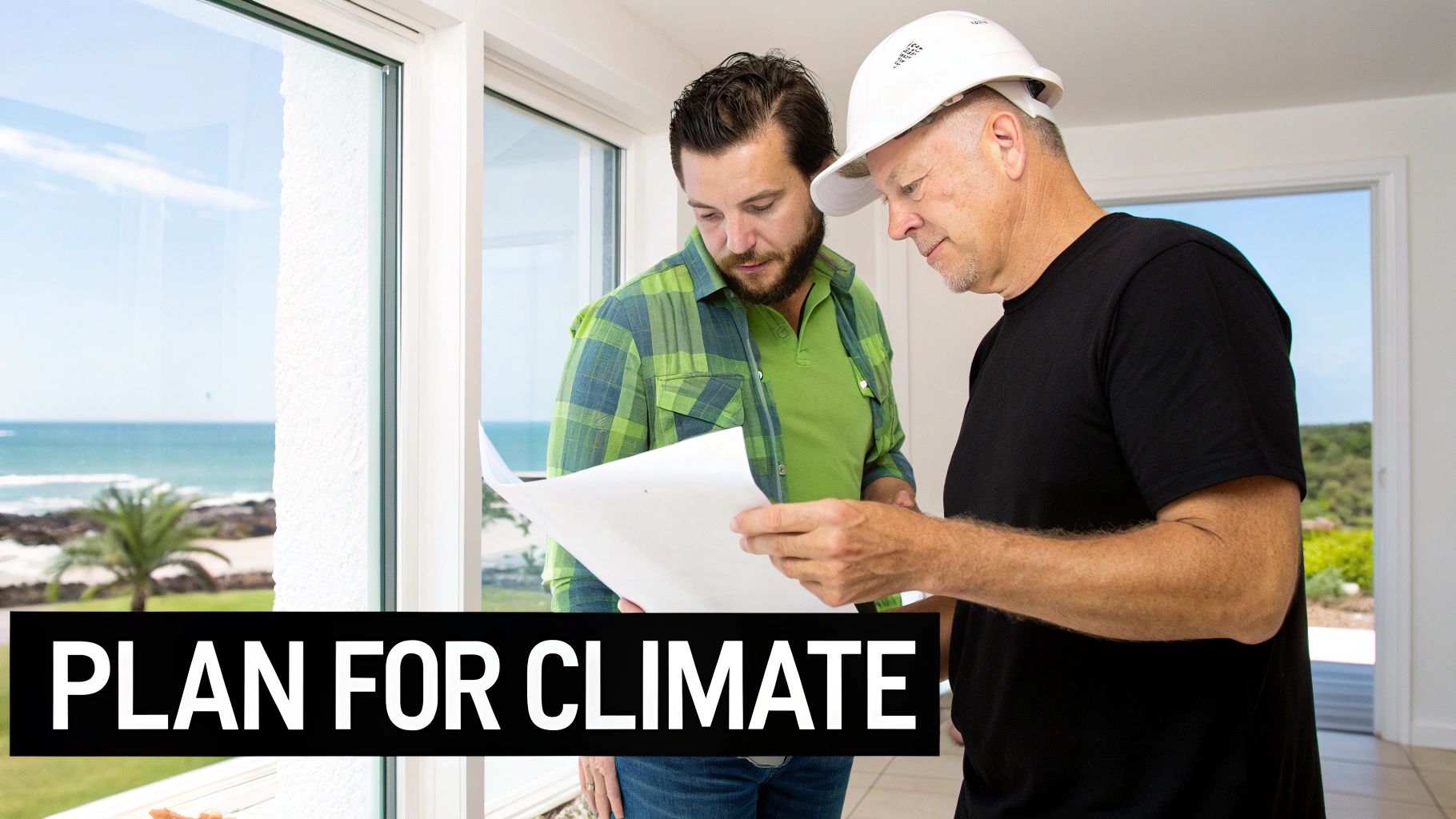 Two men, one in a hard hat, review blueprints by a large window with an ocean view.