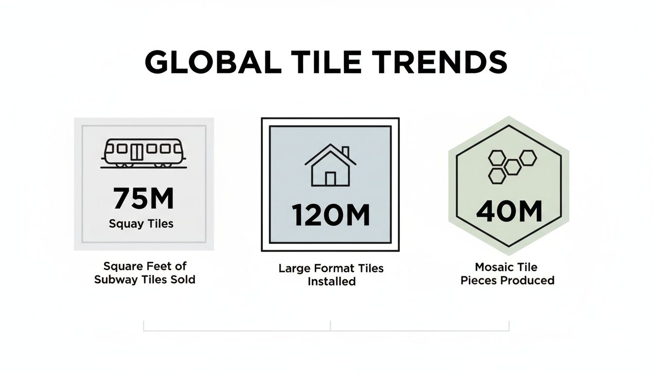 Infographic showing global tile trends with data on subway, large format, and mosaic tiles.