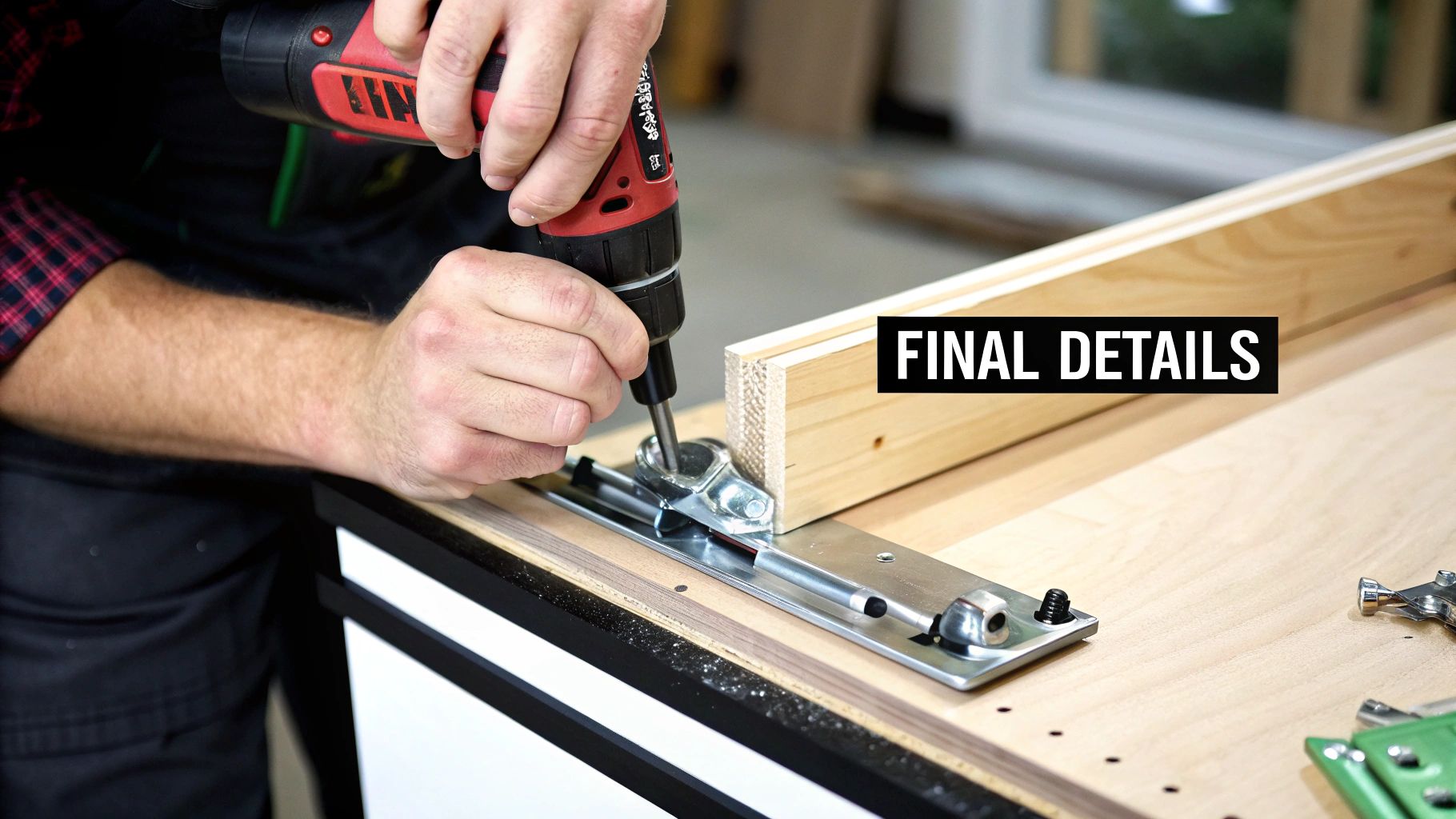 A person answering questions while gesturing towards updated kitchen cabinets.