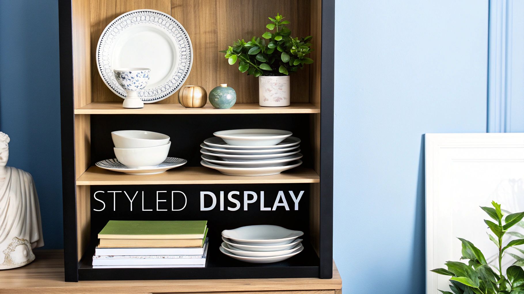 A modern wooden and black china cabinet displaying white dishes, decorative plants, and books on a blue wall.