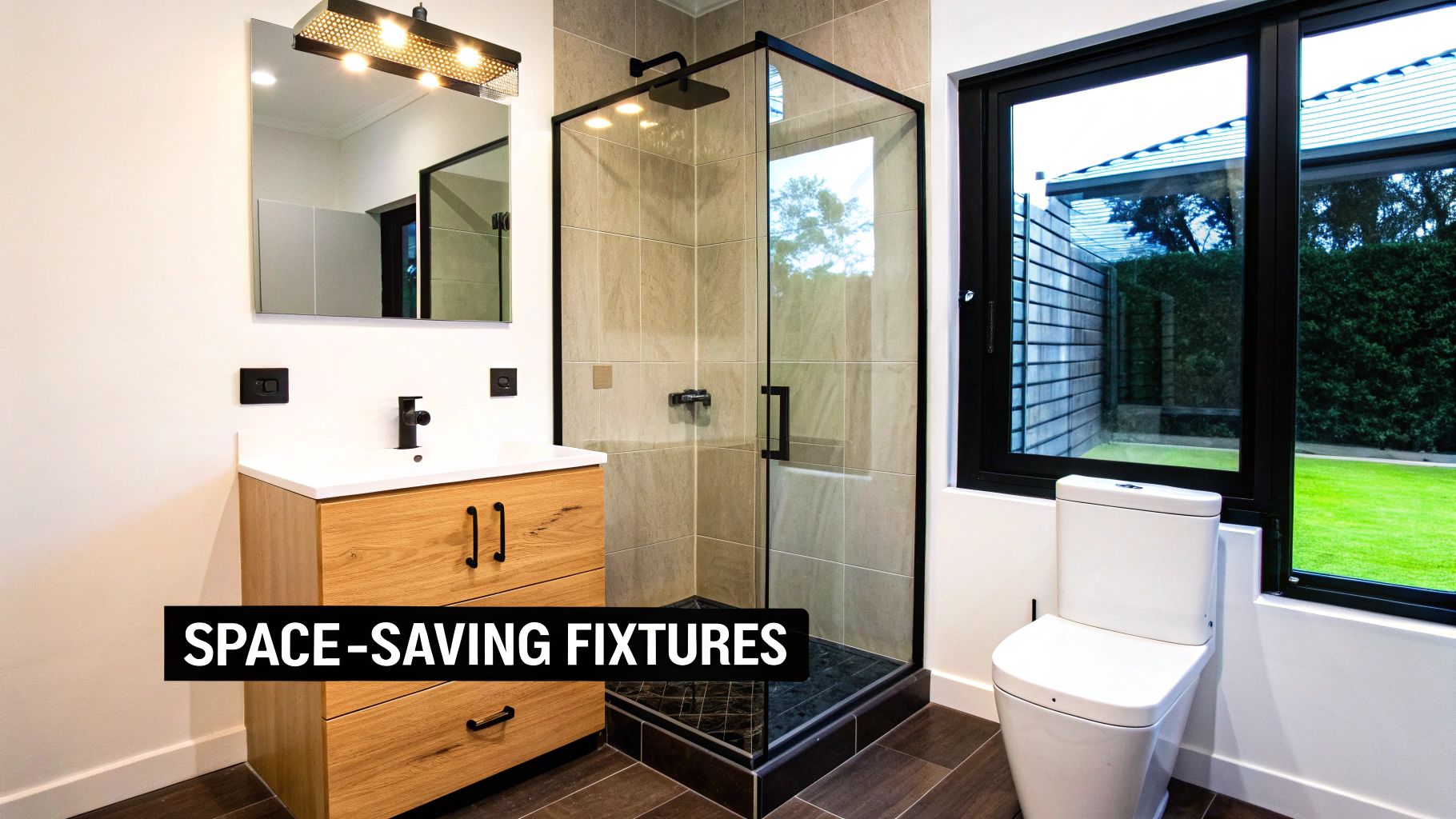 Modern bathroom featuring space-saving fixtures with floating wood vanity, glass shower enclosure, and compact toilet