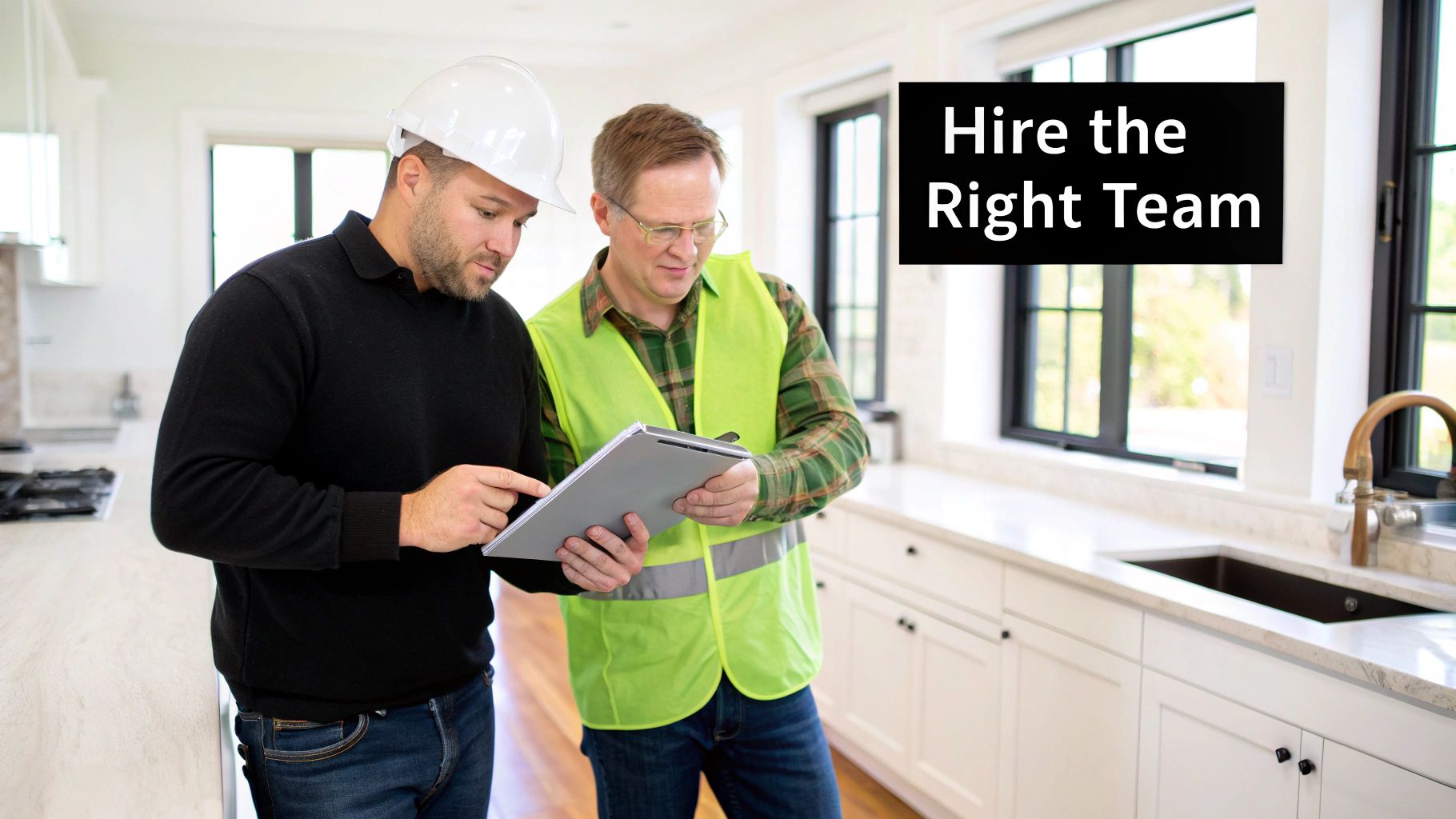 Two construction contractors reviewing plans on a clipboard in a bright, newly remodeled kitchen.