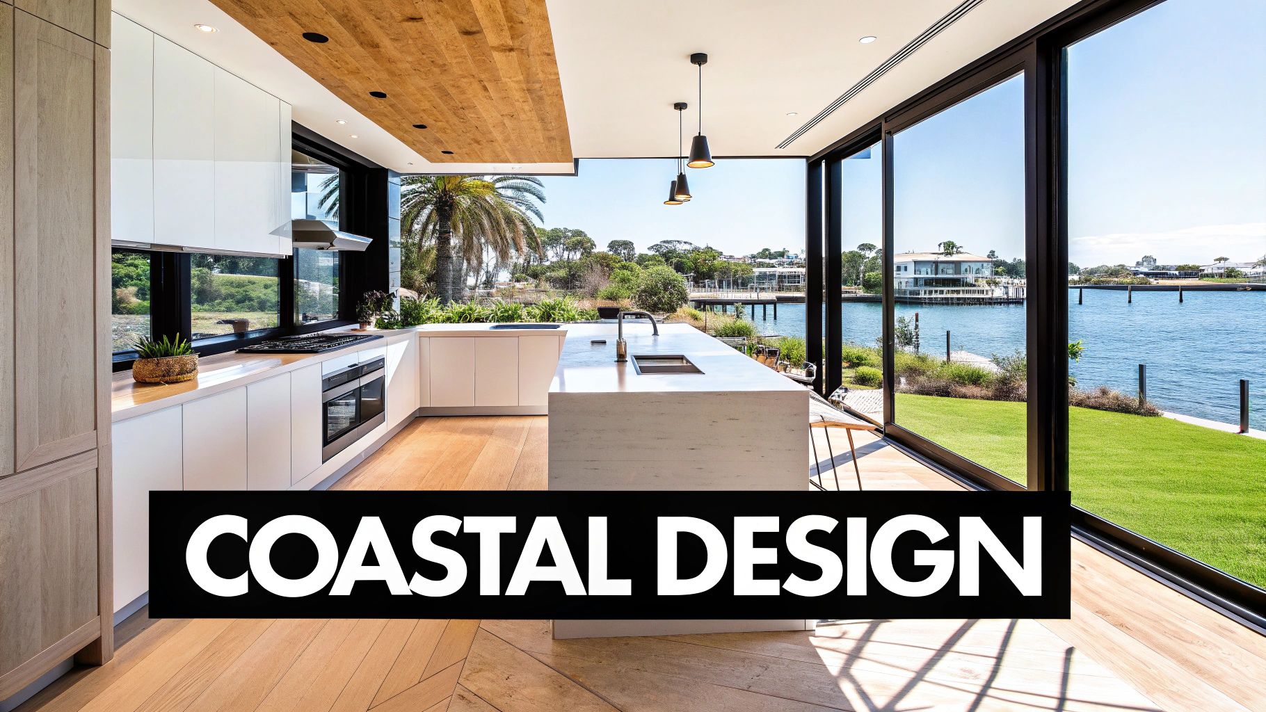 A modern coastal kitchen with white cabinetry, wooden floors, and island, overlooking a waterfront view.