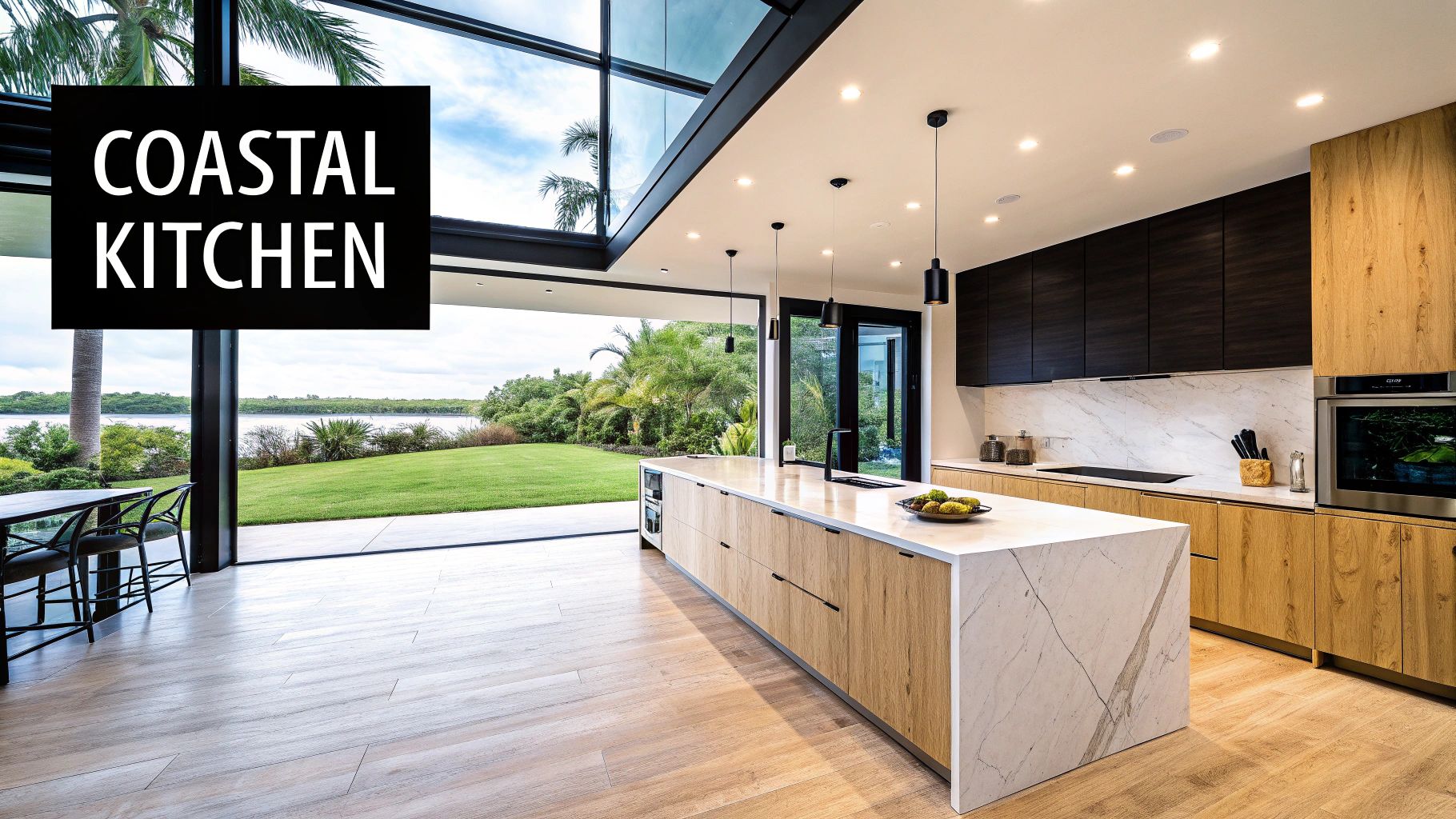 A modern coastal kitchen with a large island, wooden cabinetry, and expansive views of a green lawn and water.