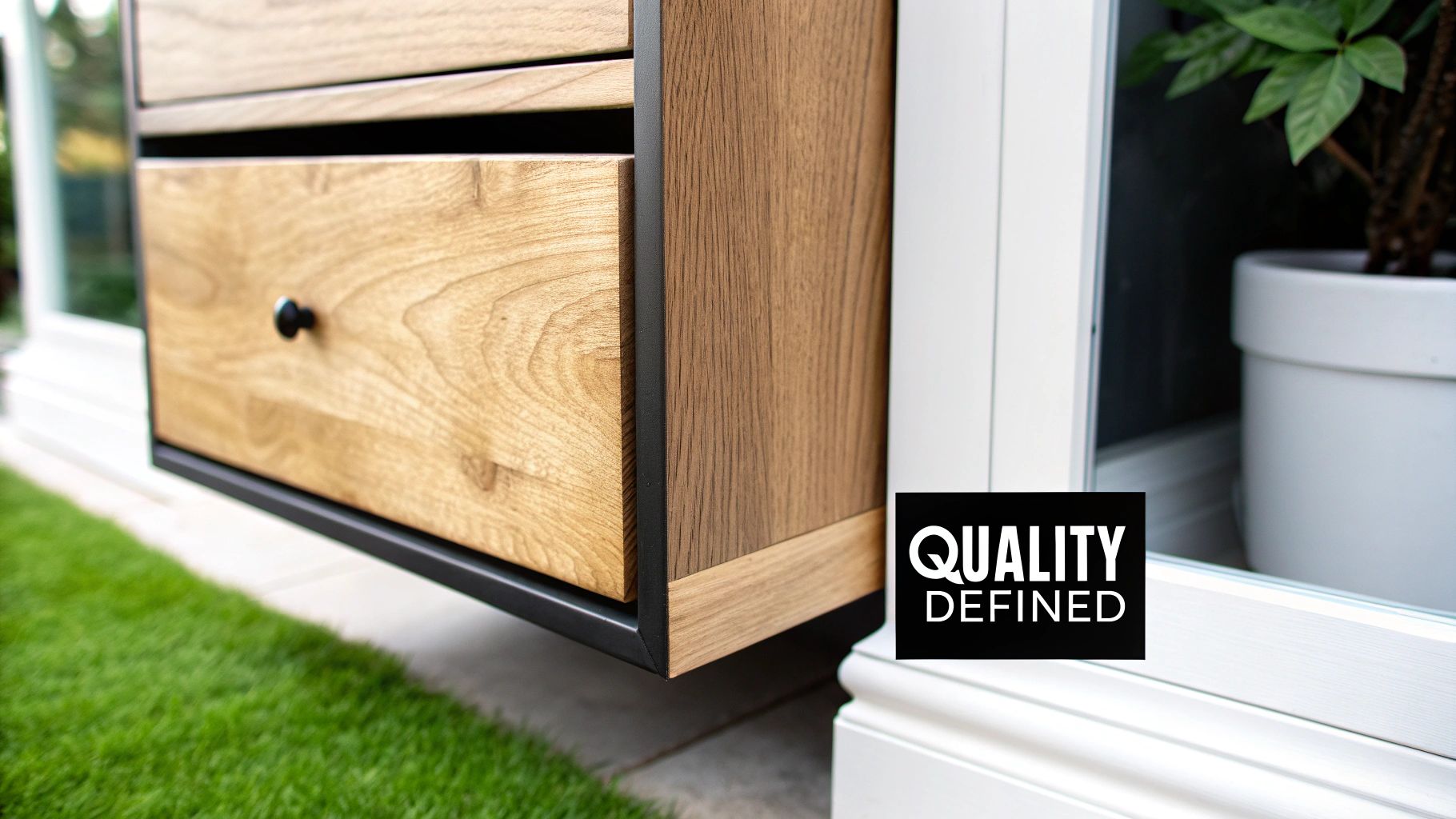 Modern wooden cabinet with two drawers, a black handle, and a quality defined logo, set outdoors.