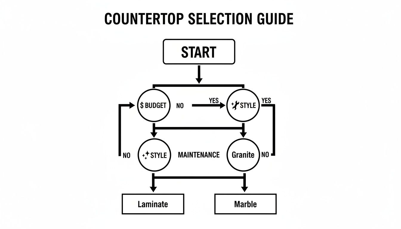 A flowchart titled 'Countertop Selection Guide' illustrating choices based on budget, style, and maintenance.