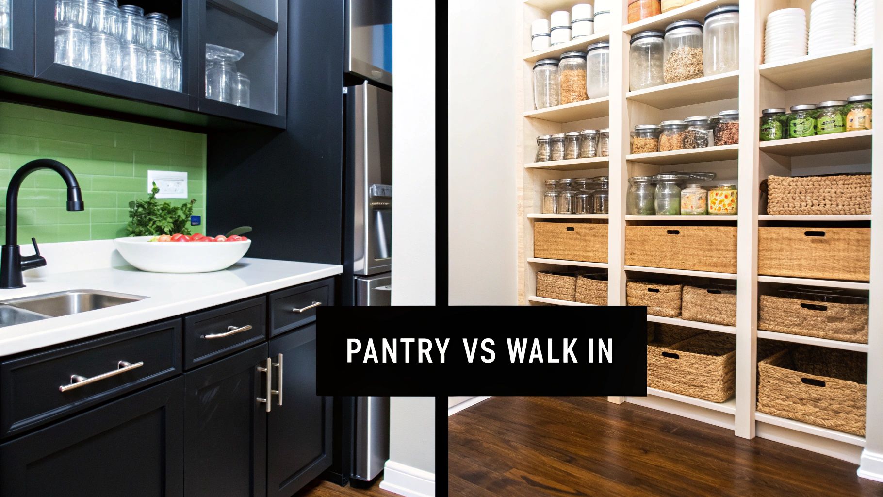 A spacious walk-in pantry with white shelves full of organized dry goods and baskets.