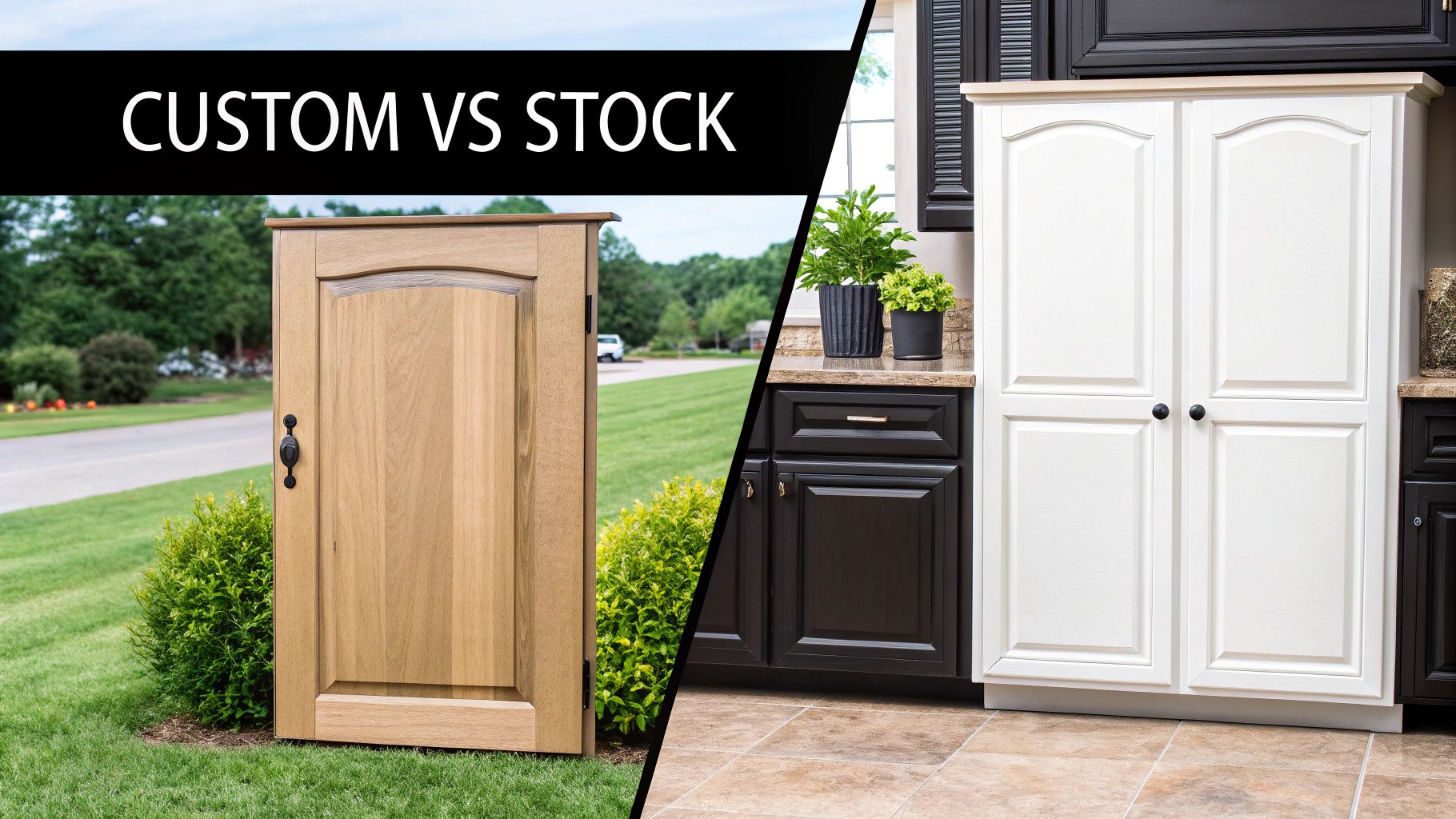 Comparison of custom light wood cabinet door outdoors and stock white kitchen cabinets inside.