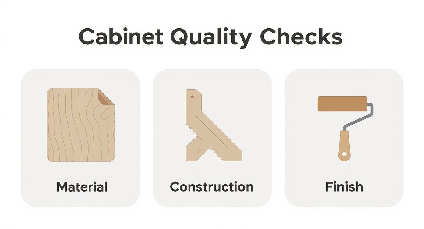 Cabinet quality checks visual with icons for material, construction, and finish inspections.