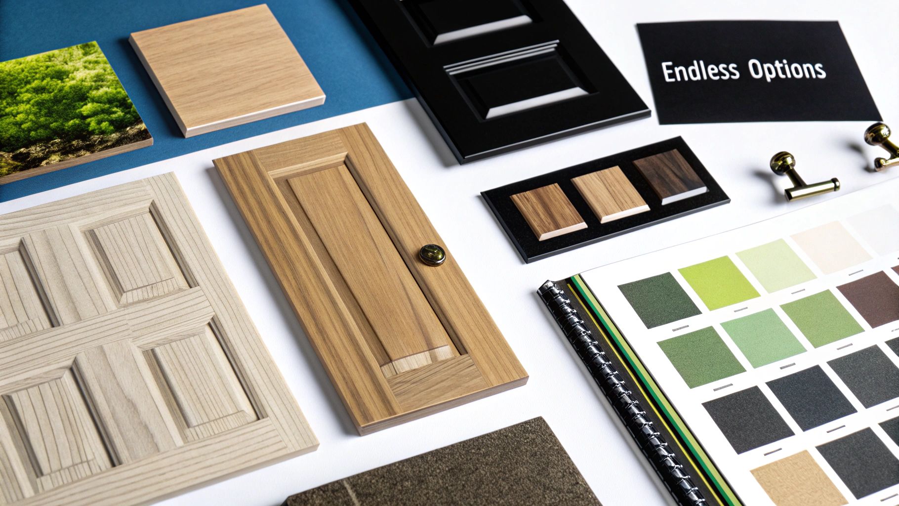 A close-up of a semi-custom cabinet door showcasing a unique finish and hardware.