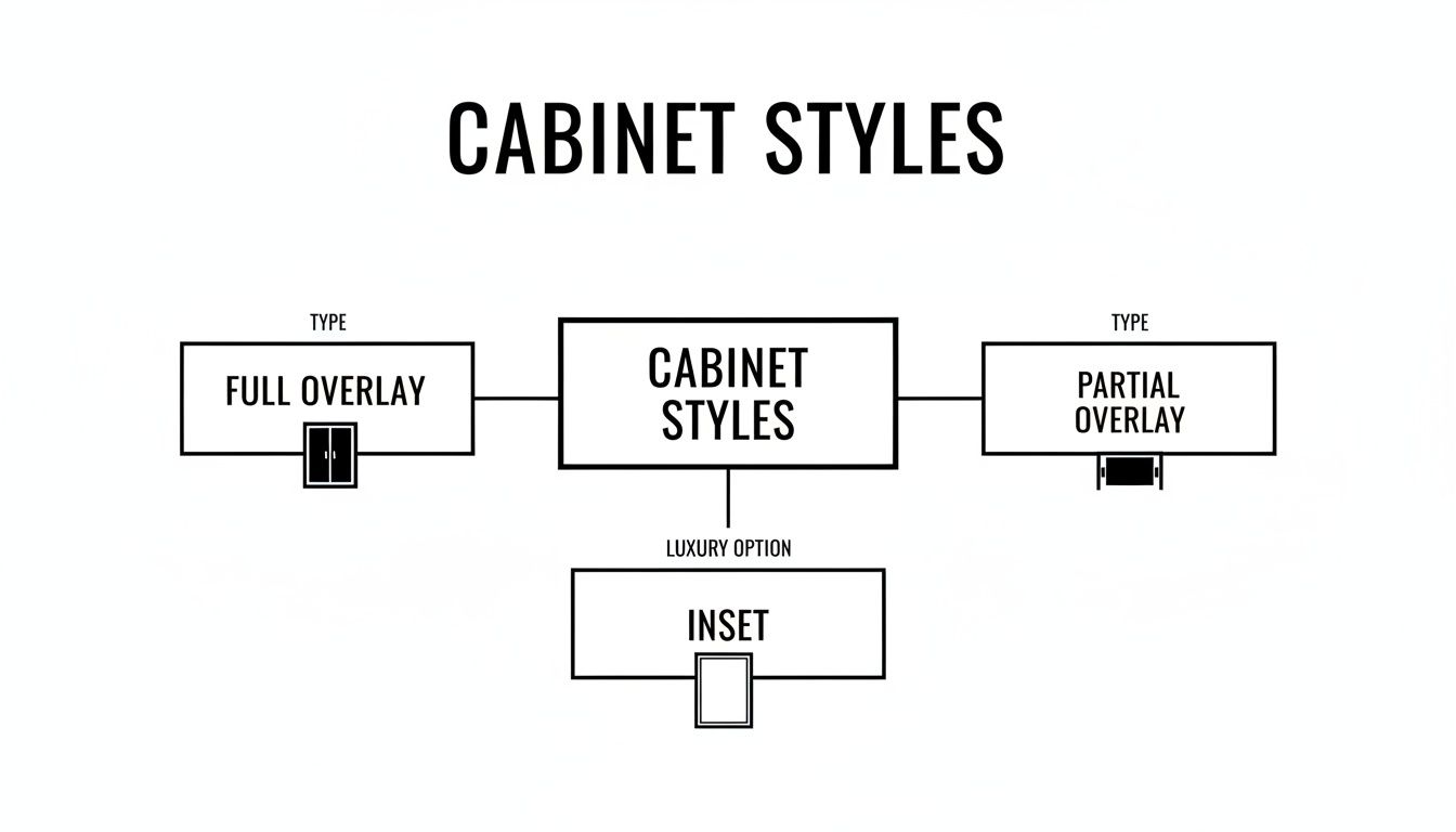 A black and white diagram showcasing cabinet styles: full overlay, partial overlay, and inset, with visual examples.