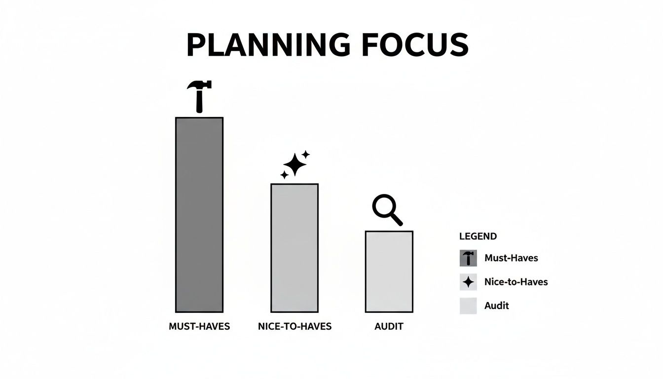 Bar chart illustrating planning focus categories: Must-Haves, Nice-to-Haves, and Audit, with associated icons.