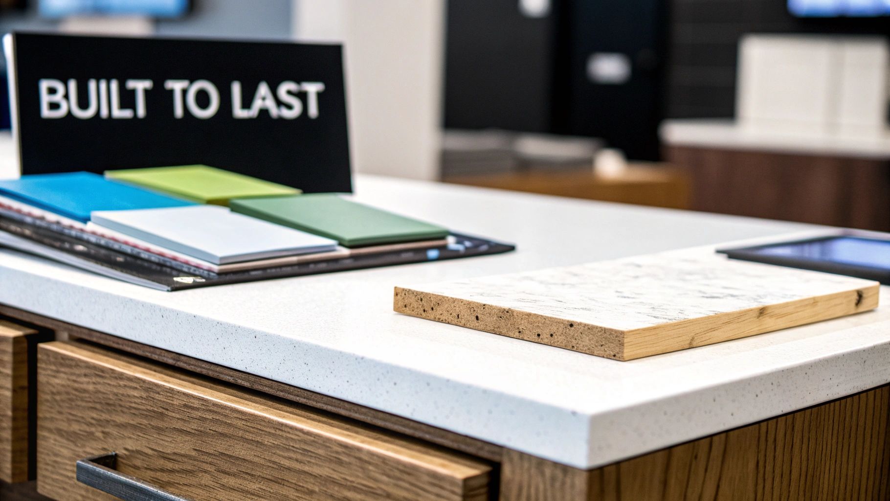 White speckled countertop, wood cabinetry, colorful material samples, and a "Built to Last" sign.