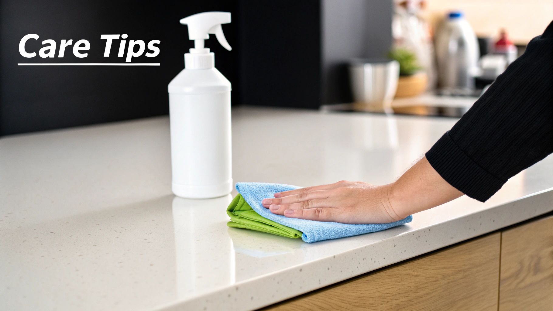 A person wiping down a clean, modern kitchen countertop.