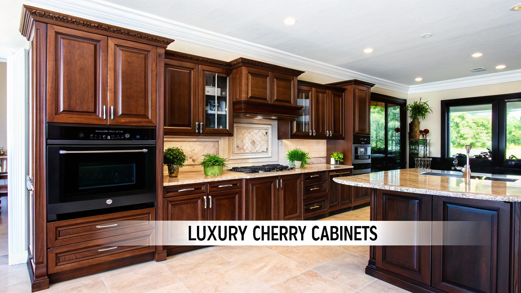 A luxurious kitchen featuring dark, rich cherry wood cabinets with intricate detailing, granite countertops, and high-end stainless steel appliances, showcasing a classic and sophisticated design.