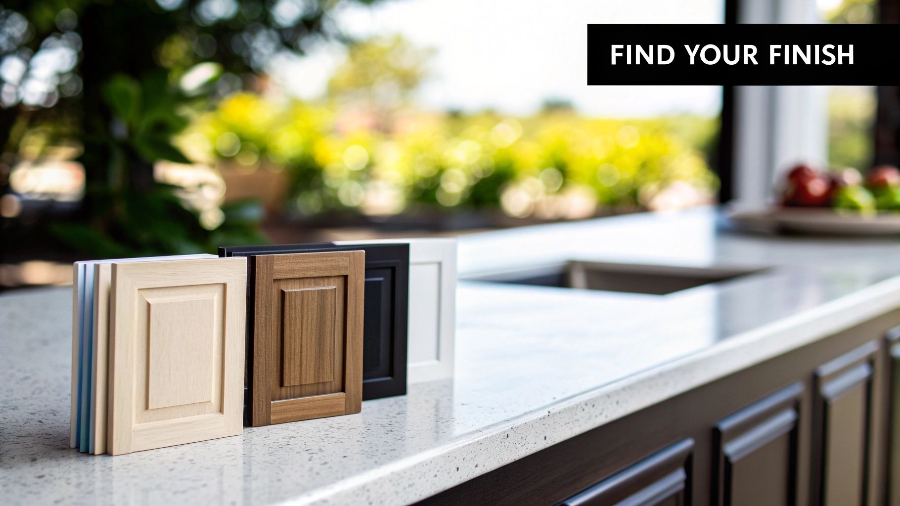 Various kitchen cabinet door samples in different finishes and colors displayed on a countertop.