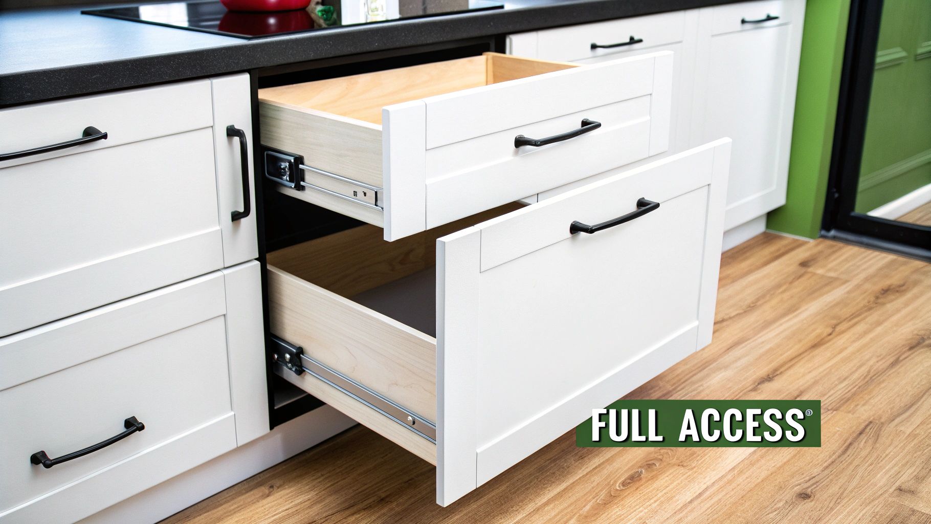 Open white frameless kitchen drawers with full extension glides, showcasing interior space.