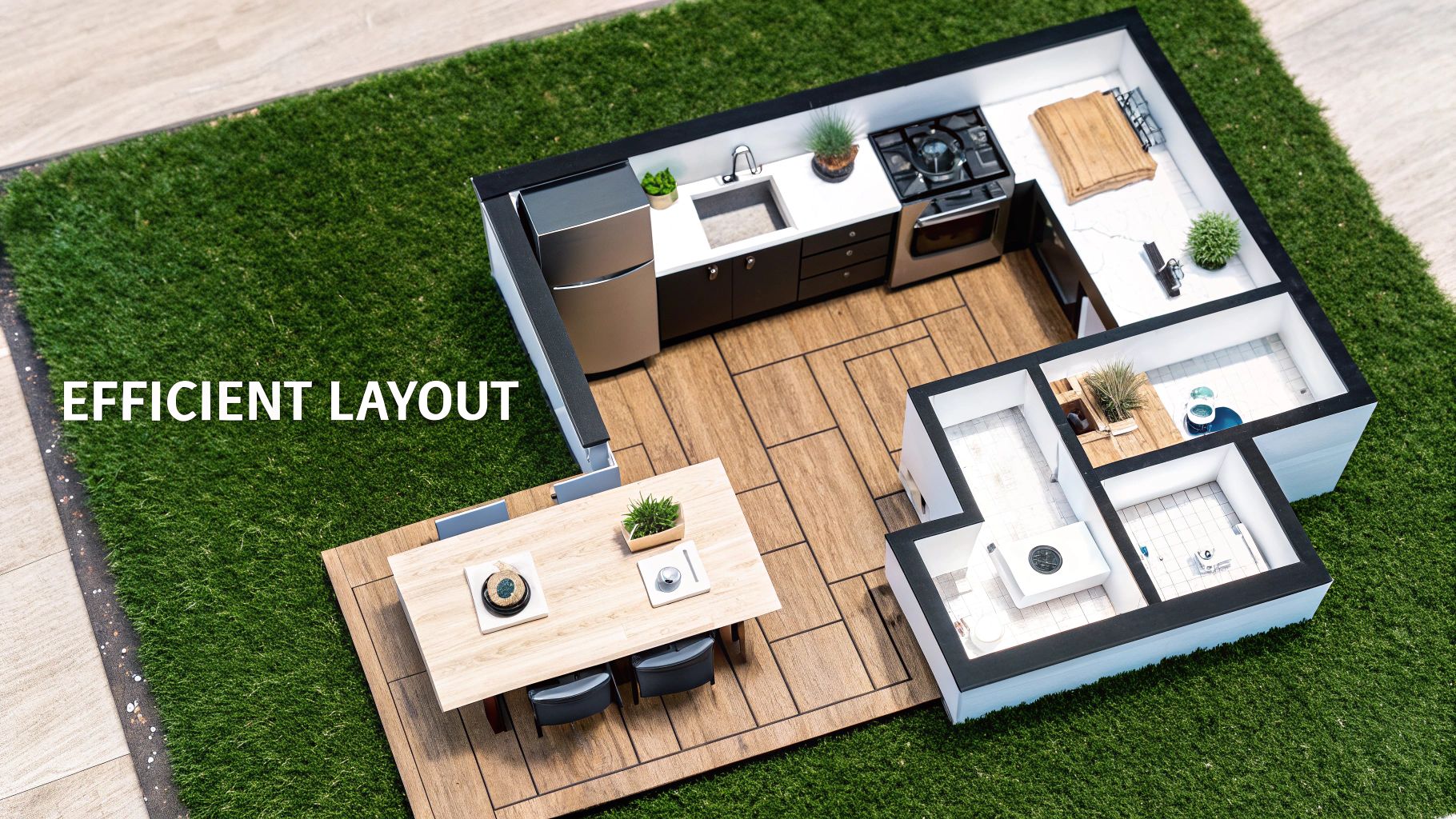 Detailed aerial view of a model home layout featuring a modern kitchen, outdoor dining deck, and efficient bathroom designs on a green base.