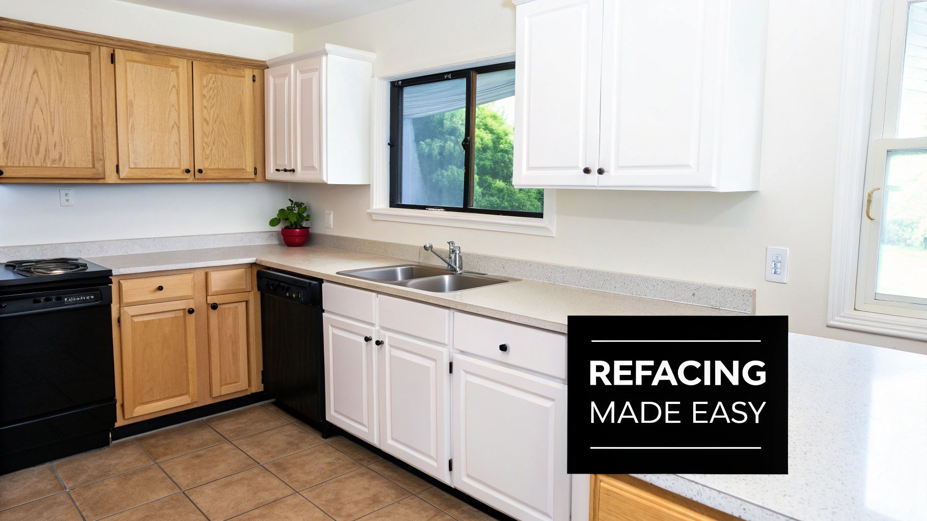 A kitchen showcasing before and after cabinet refacing with old wooden and new white cabinets.
