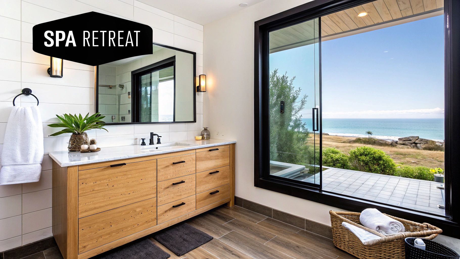 Modern bathroom with a wooden vanity, marble countertop, and stunning ocean view through large window.