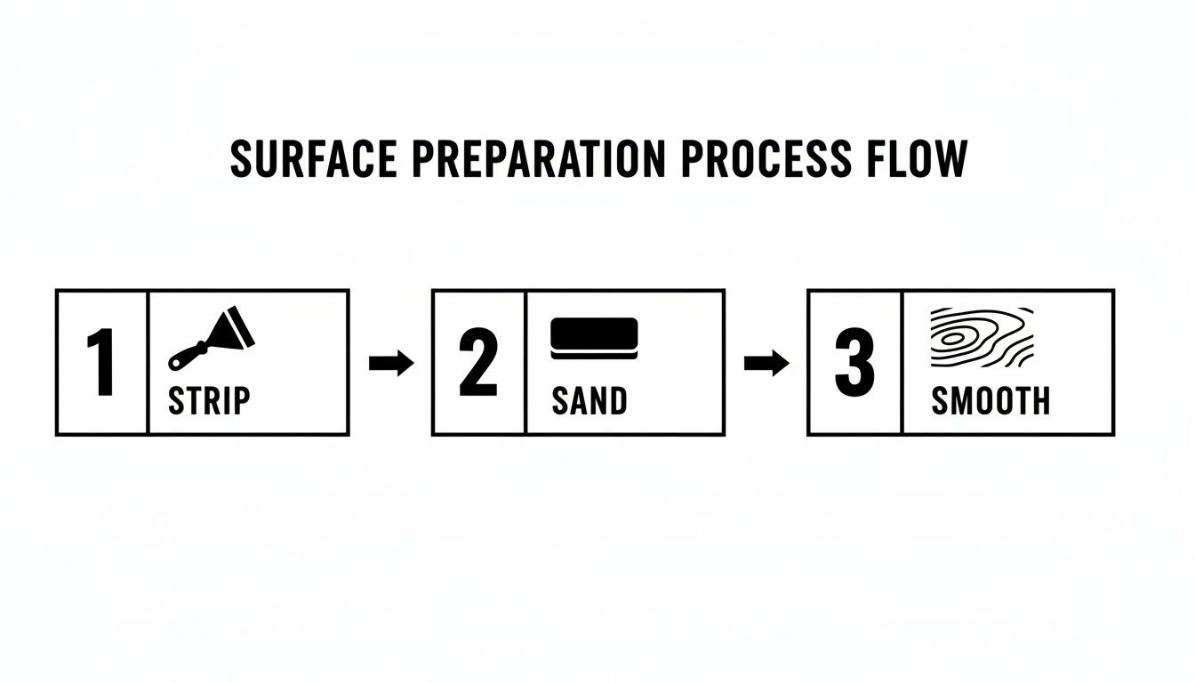 A three-step surface preparation process flow showing strip, sand, and smooth steps with icons.