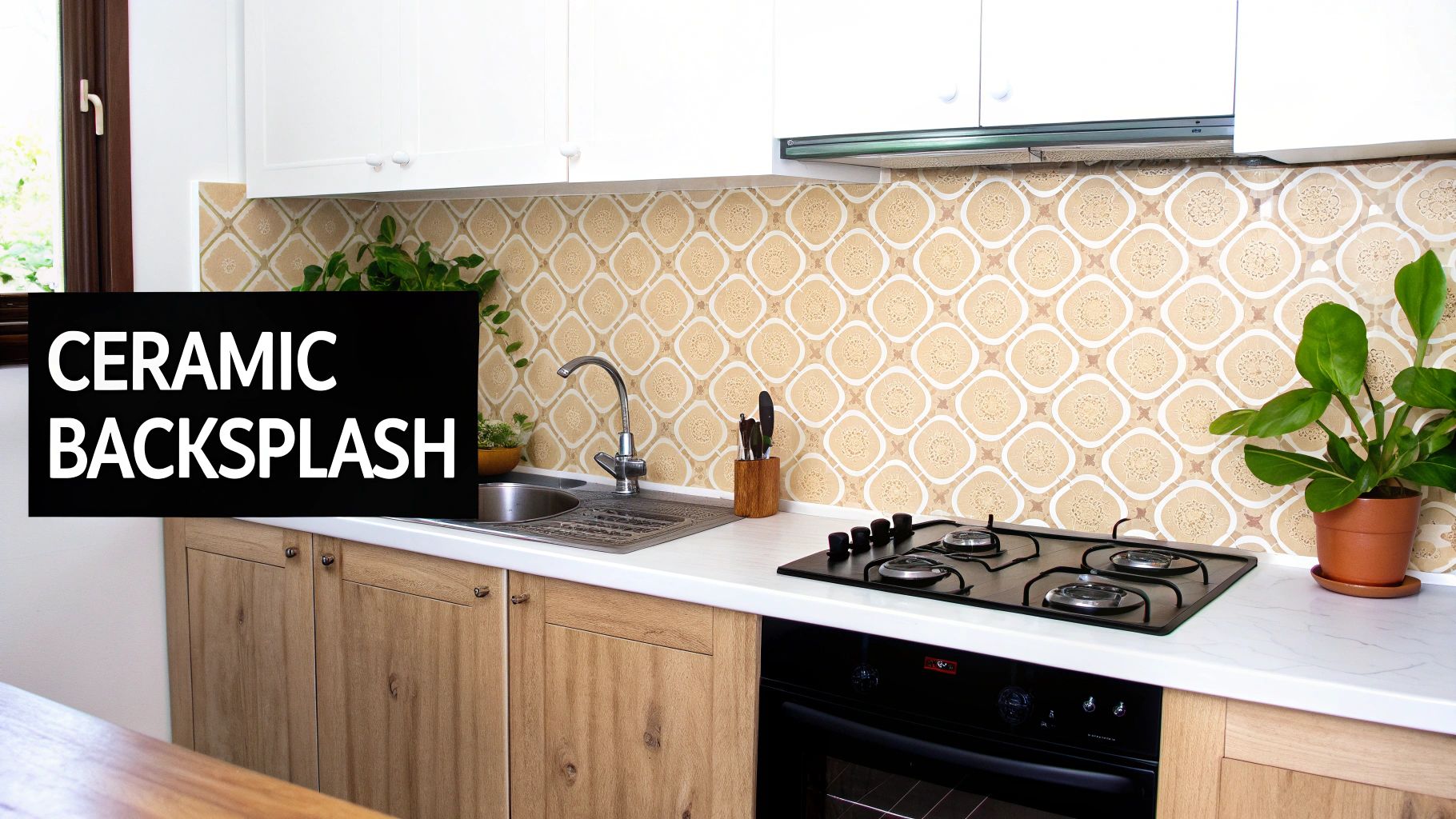 A kitchen features a patterned beige ceramic backsplash, white countertops, wooden cabinets, a sink, and a gas stove.