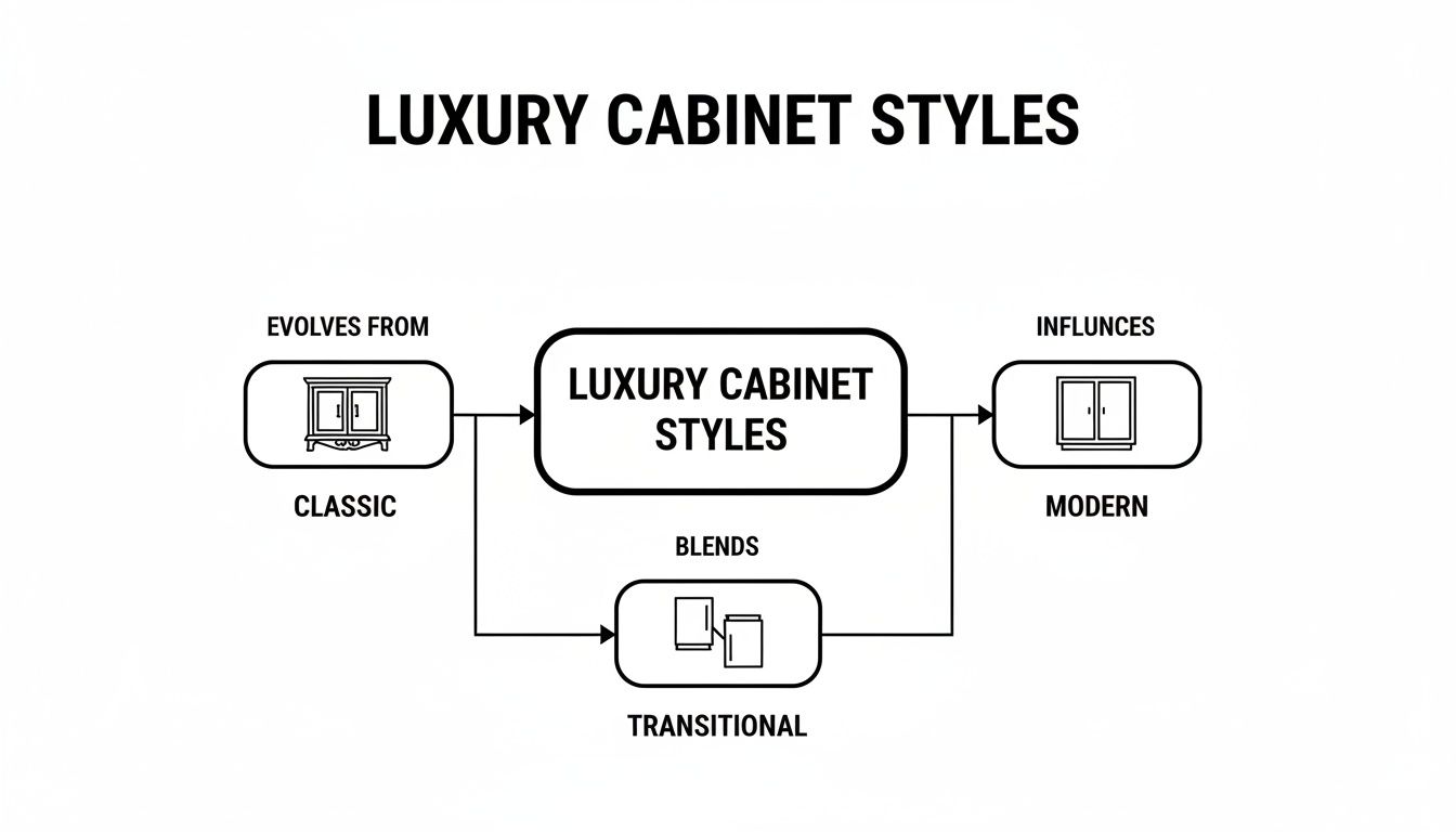 Diagram showing luxury cabinet styles evolving from classic, influencing modern, and blending into transitional designs.