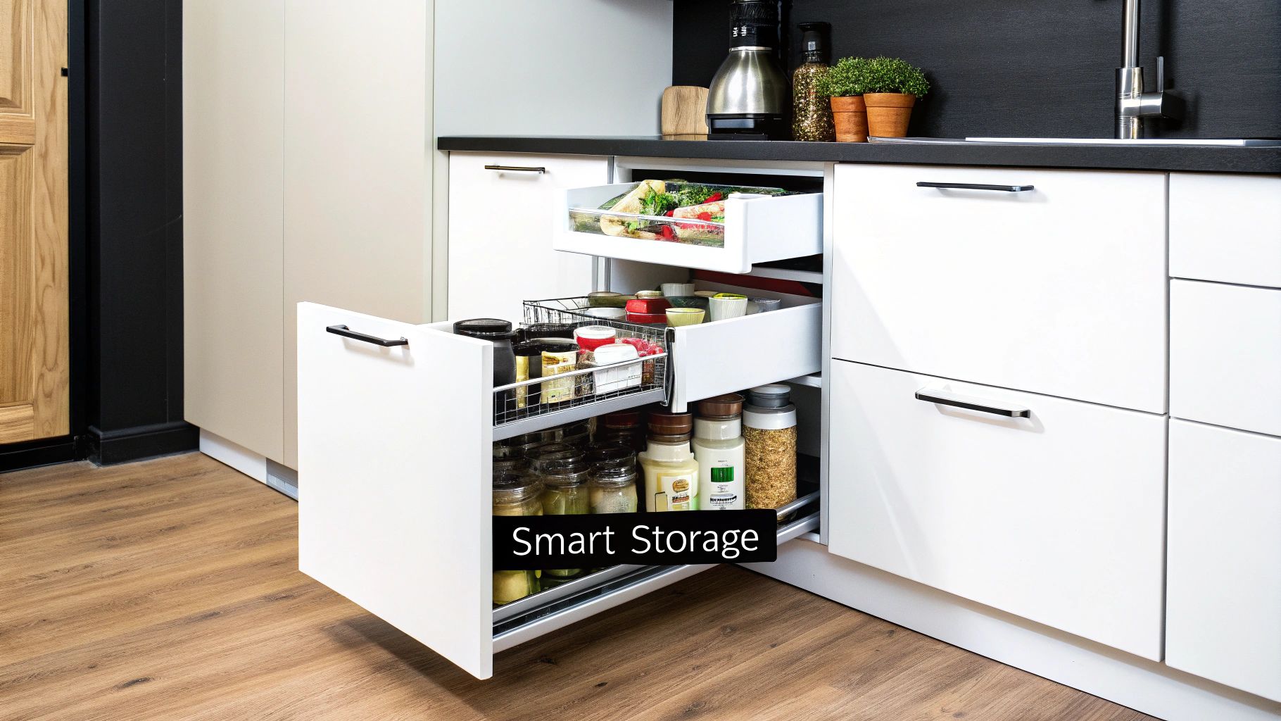 Modern kitchen with open white cabinet revealing pull-out drawers, fresh vegetables, and spices for smart storage.