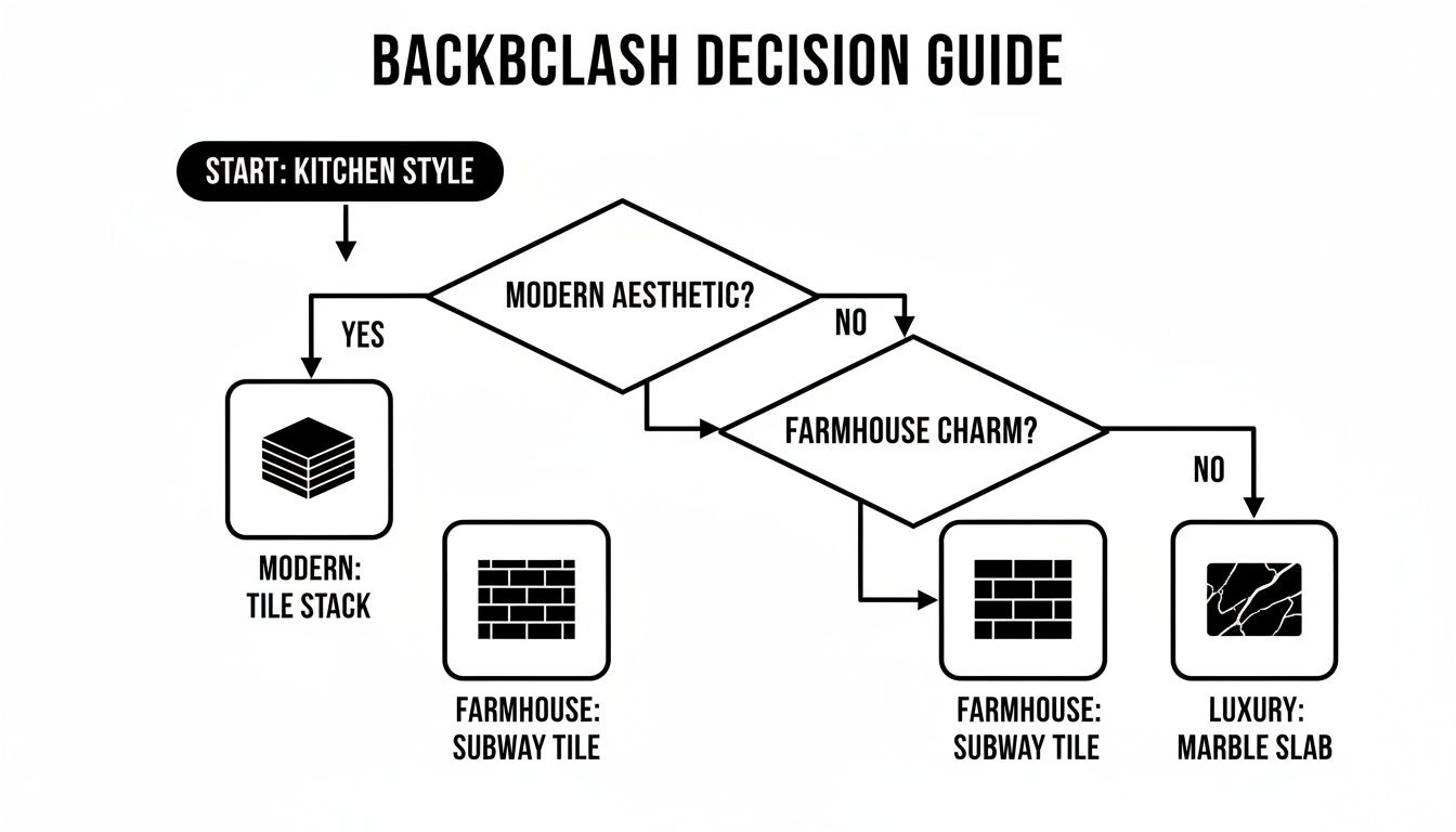 A flowchart decision guide for selecting kitchen backsplash styles based on modern, farmhouse, or luxury aesthetics.