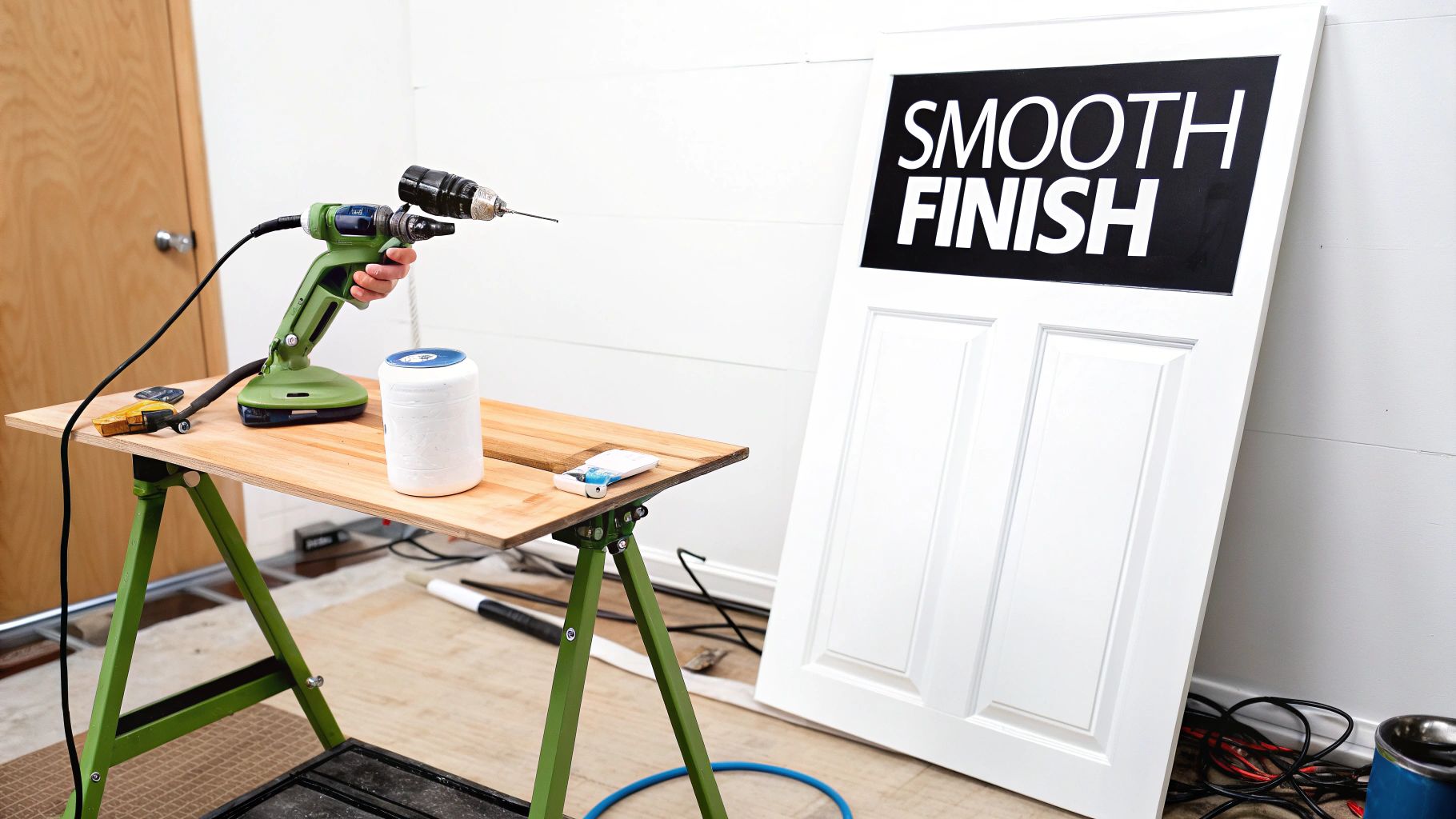 Man installing new silver hardware on freshly painted white kitchen cabinets.