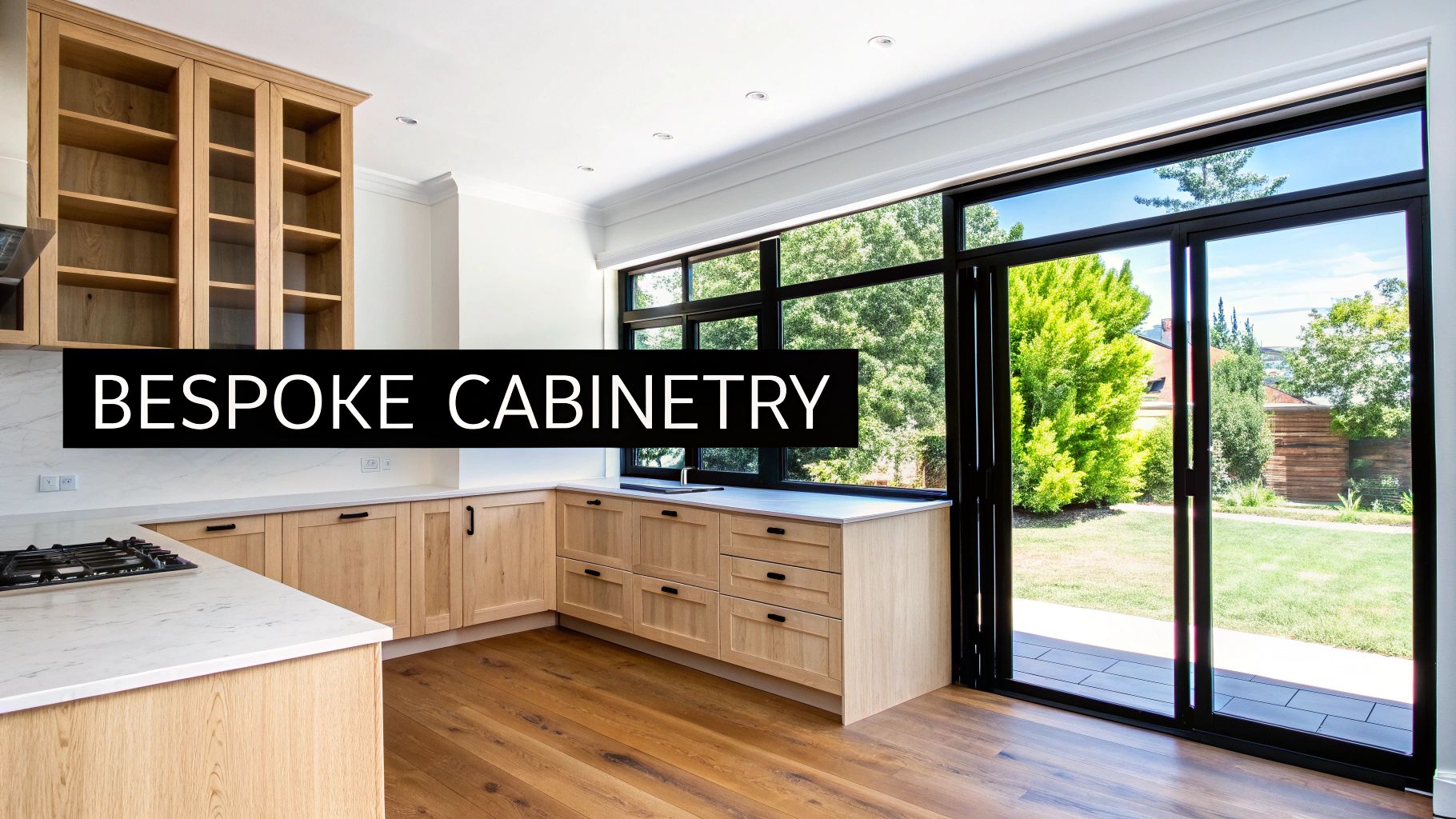 Modern kitchen with custom light wood cabinetry, white countertops, large windows, and a green backyard.