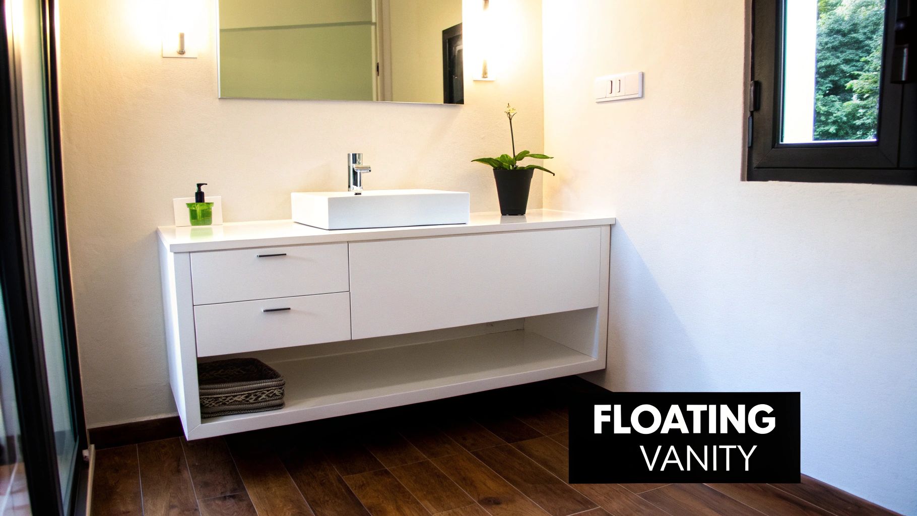 Stylish white floating vanity with a vessel sink and a plant in a bright modern bathroom.