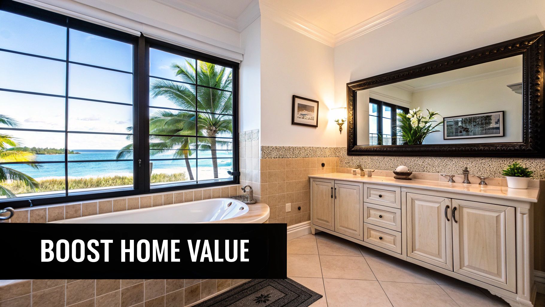A luxurious bathroom with a large window offering stunning ocean views and palm trees. Features a vanity and bathtub.