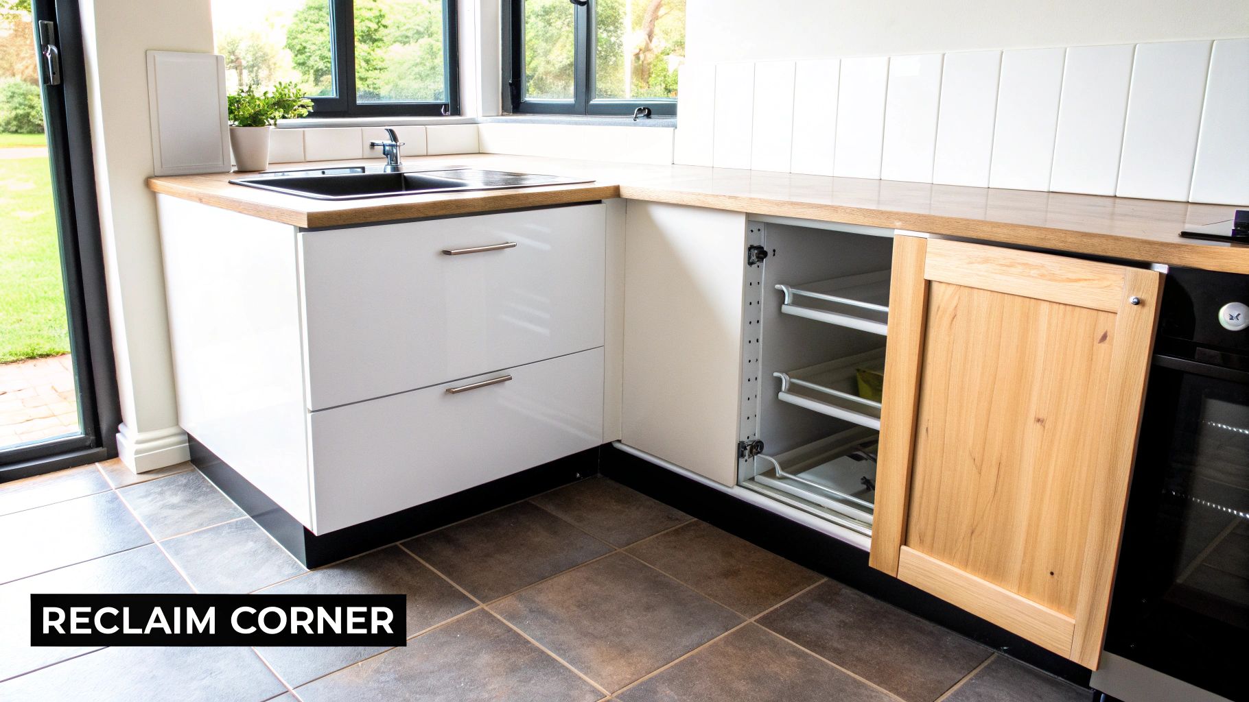 Modern kitchen with white cabinets, wood countertop, and an open blind corner cabinet with pull-out shelves.
