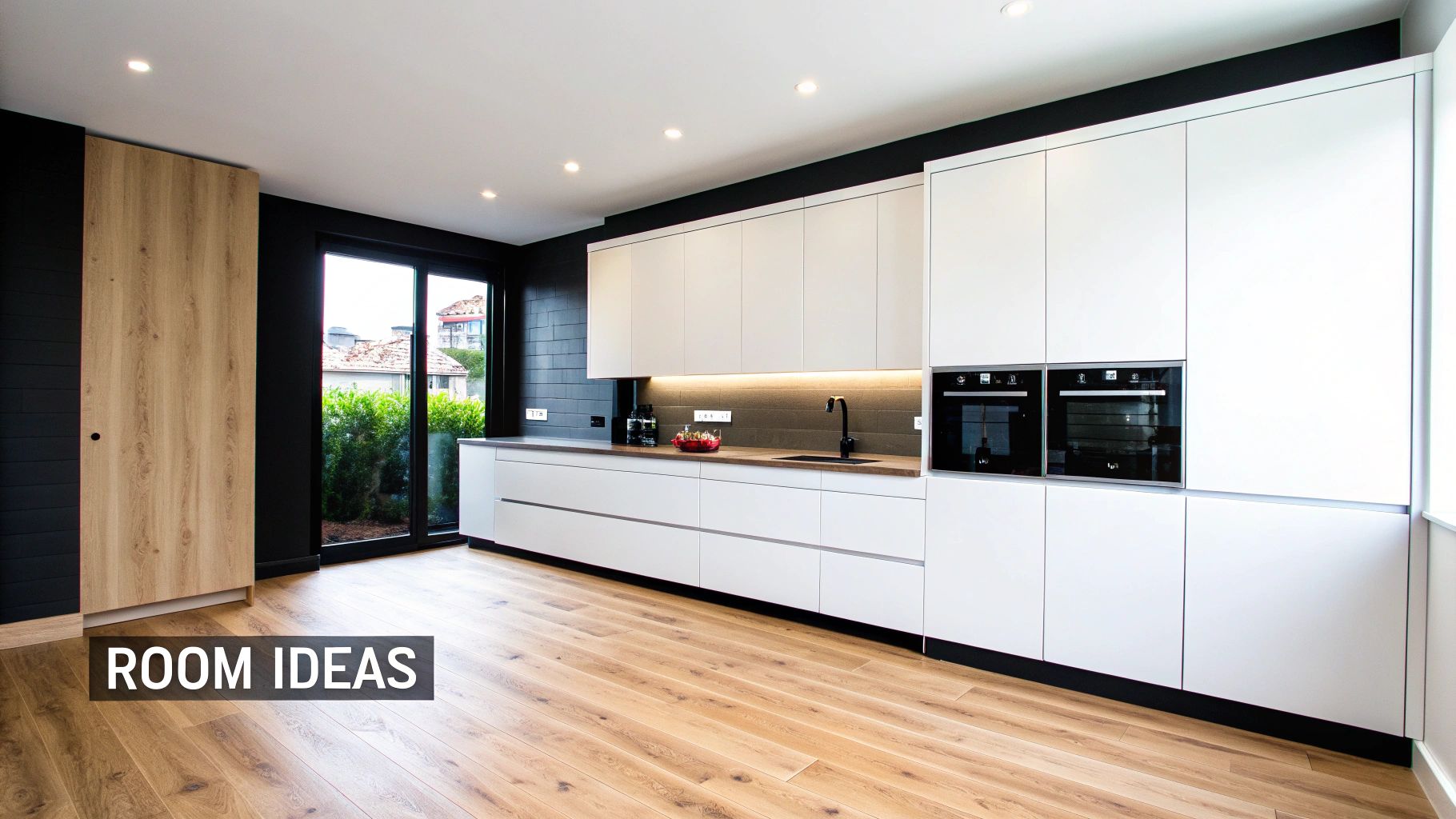 Modern kitchen with white cabinets, light wood floor, dark walls, and a large window.